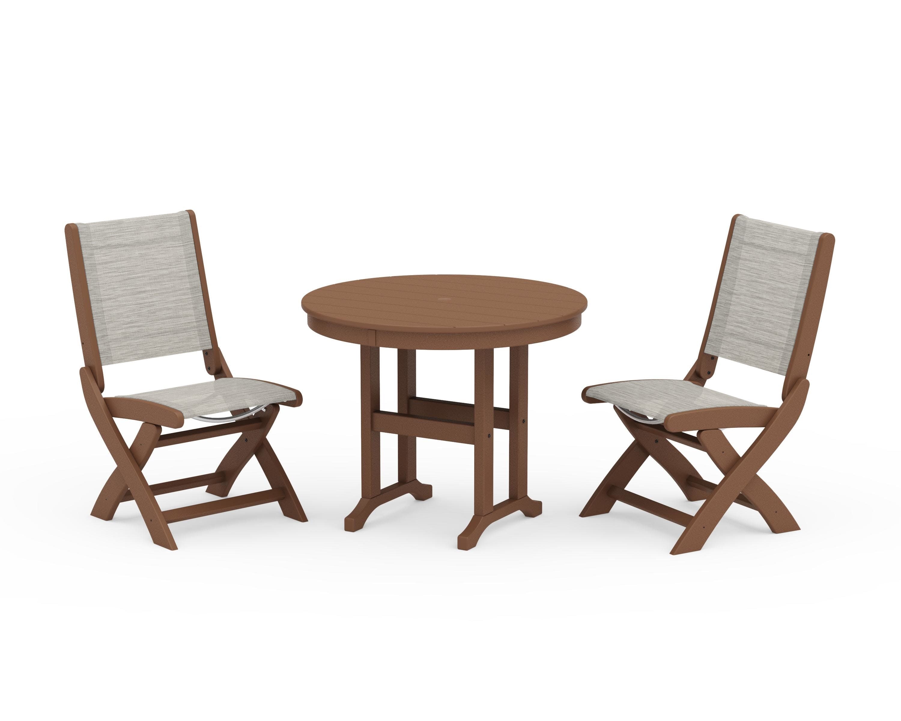 Coastal Folding Side Chair 3-Piece Round Dining Set in Teak / Birch Sling