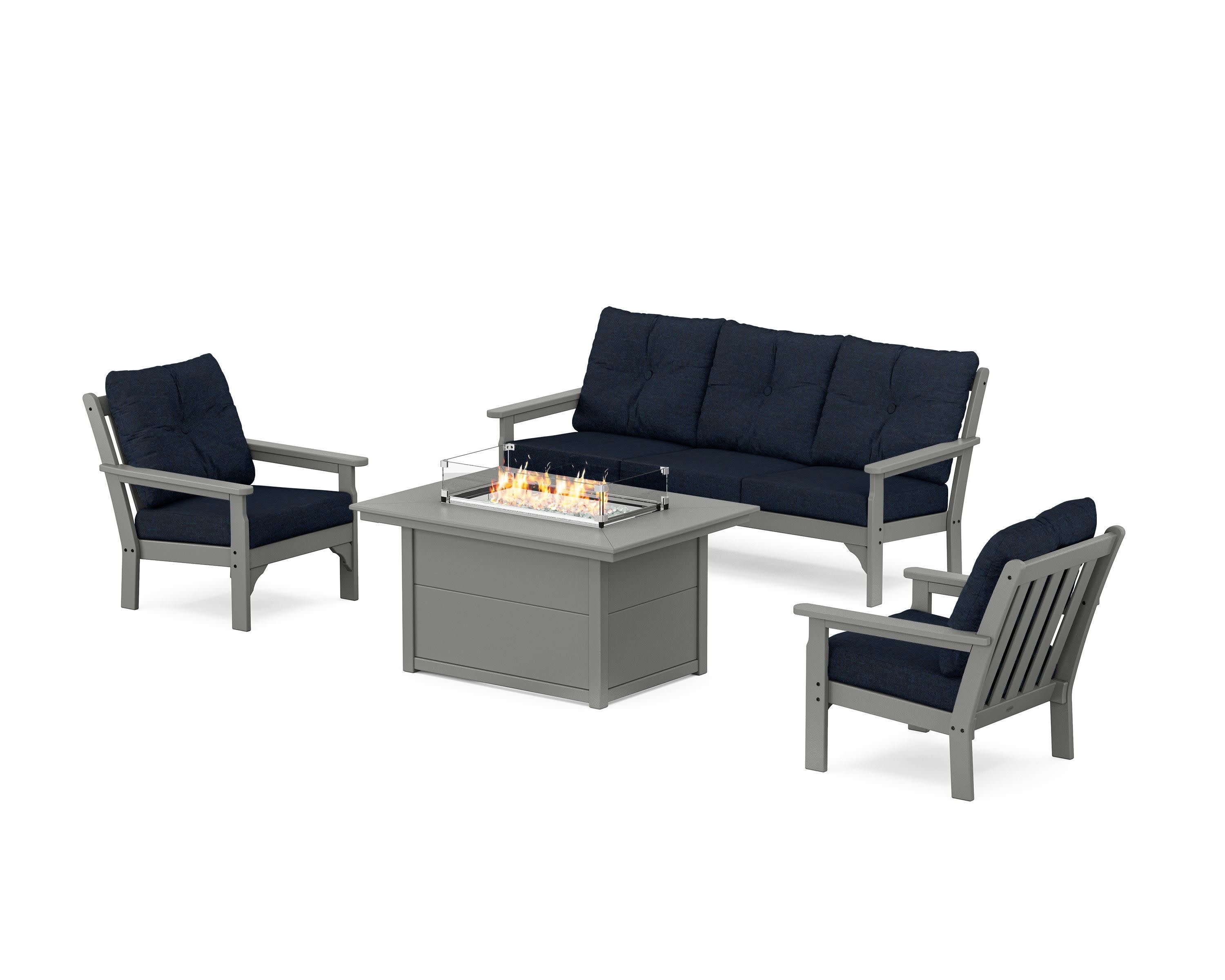Vineyard Deep Seating Fire Pit Table Set in Slate Grey / Marine Indigo