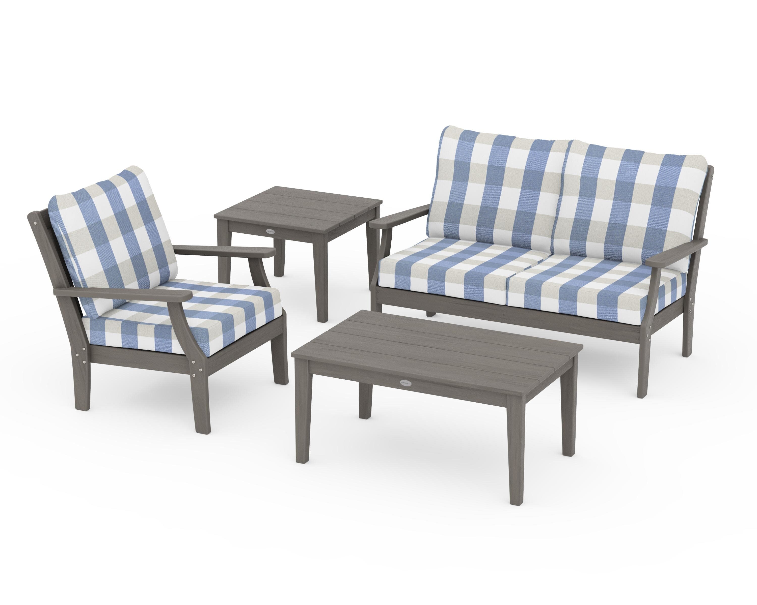 Braxton 4-Piece Deep Seating Set in Driftwood / Buffalo Plaid Sky Blue