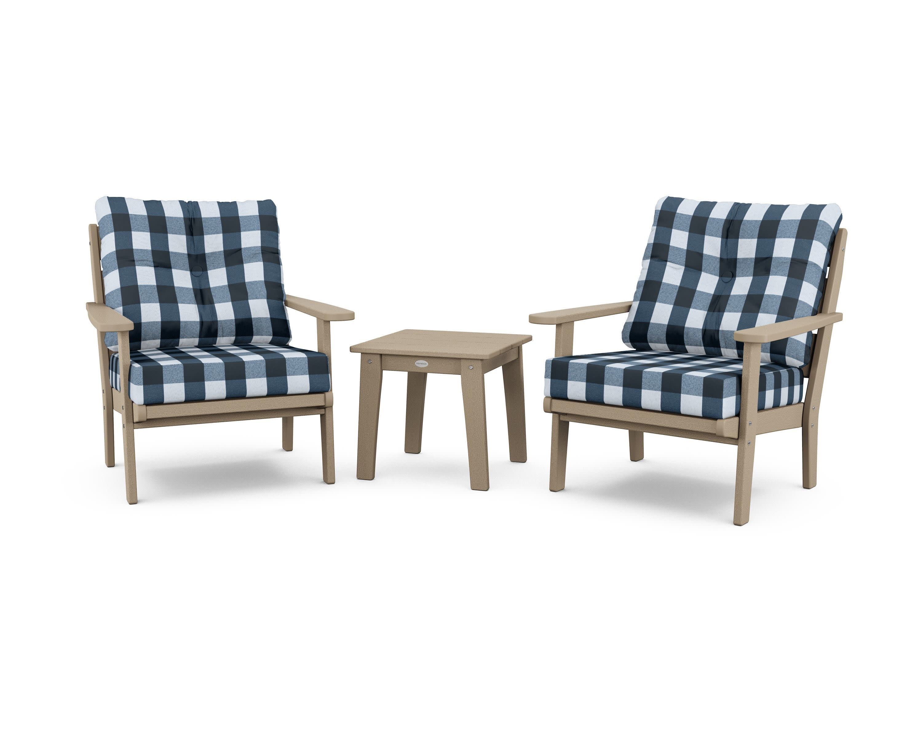 Lakeside 3-Piece Deep Seating Chair Set in Vintage Sahara / Buffalo Plaid Marine Indigo