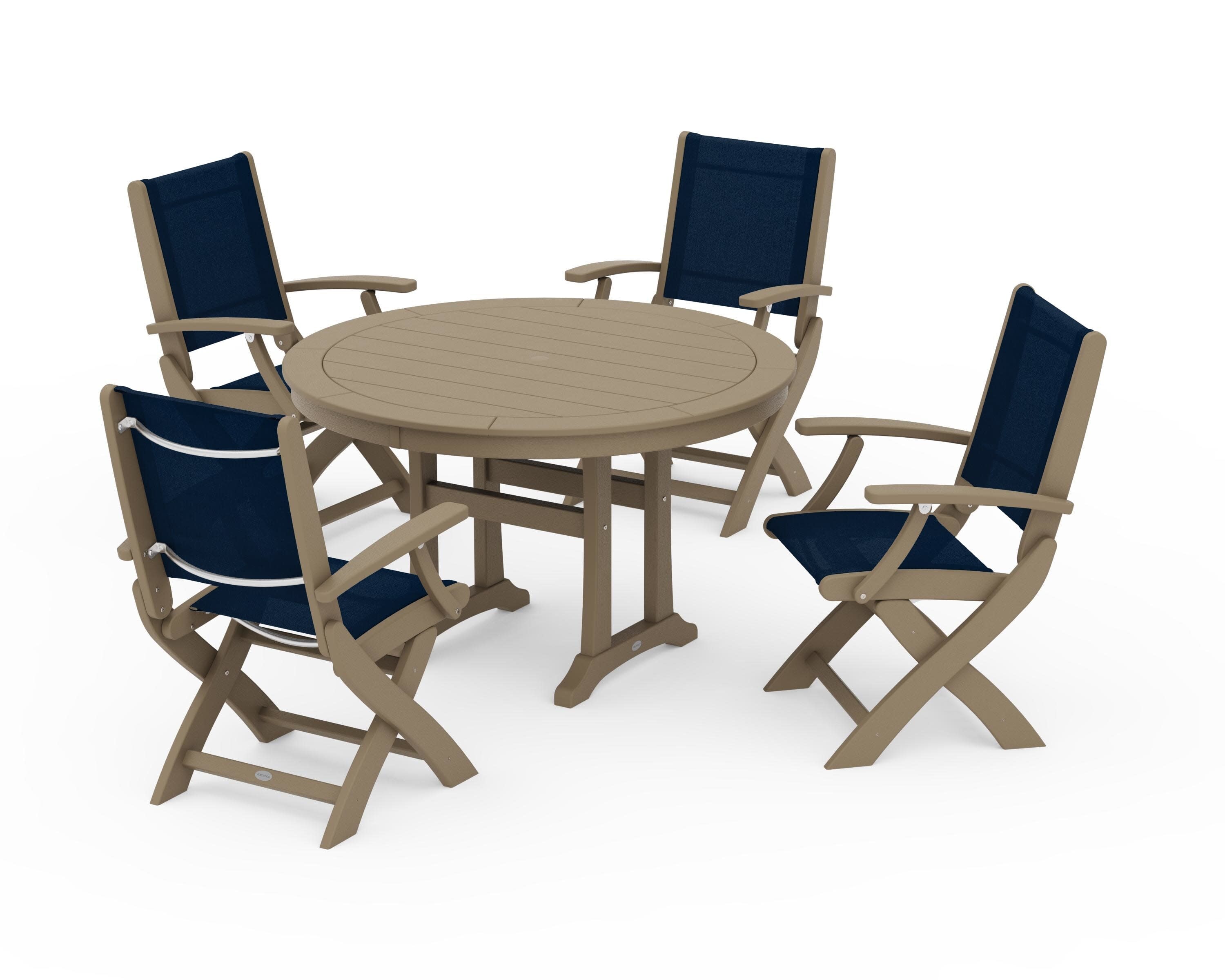 Coastal Folding Chair 5-Piece Round Dining Set with Trestle Legs in Vintage Sahara / Navy Blue Sling