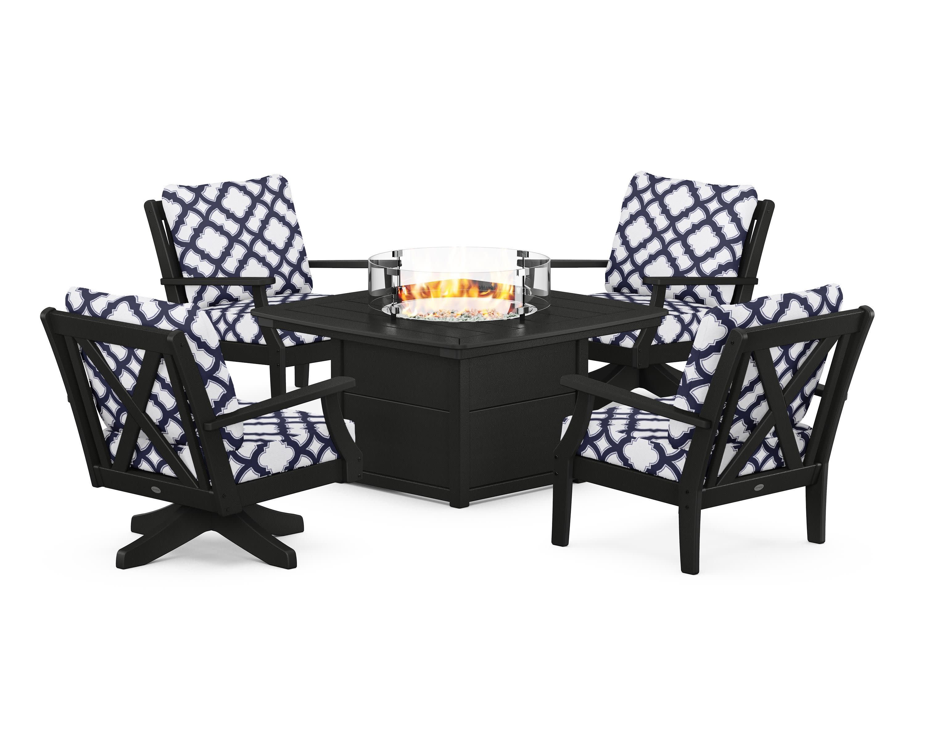 Braxton 5-Piece Deep Seating Set with Fire Table in Black / Trellis Navy