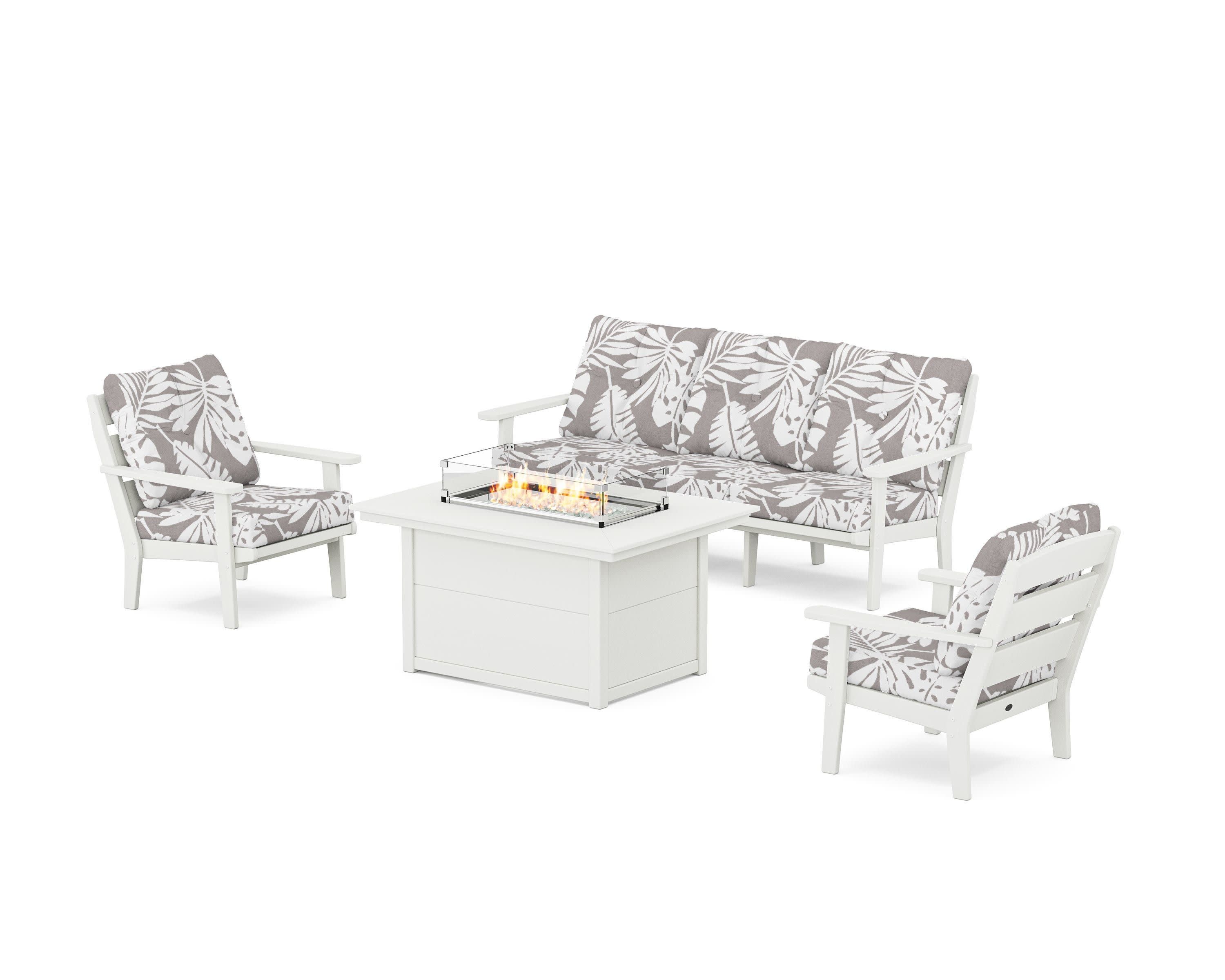 Lakeside Deep Seating Fire Pit Table Set in Vintage White / Leaf Grey Mist