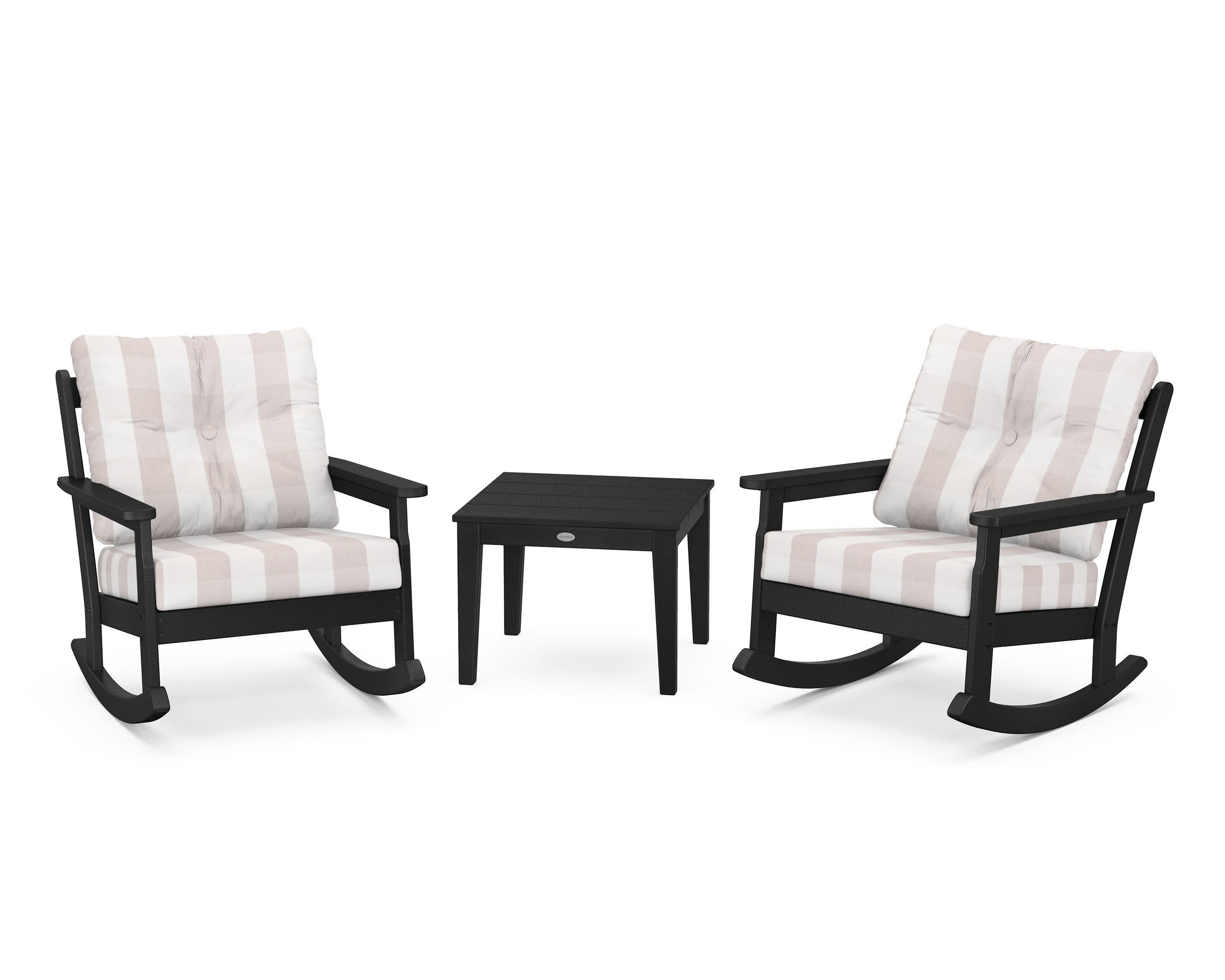Vineyard 3-Piece Deep Seating Rocker Set in Black / Buffalo Plaid Dune Burlap