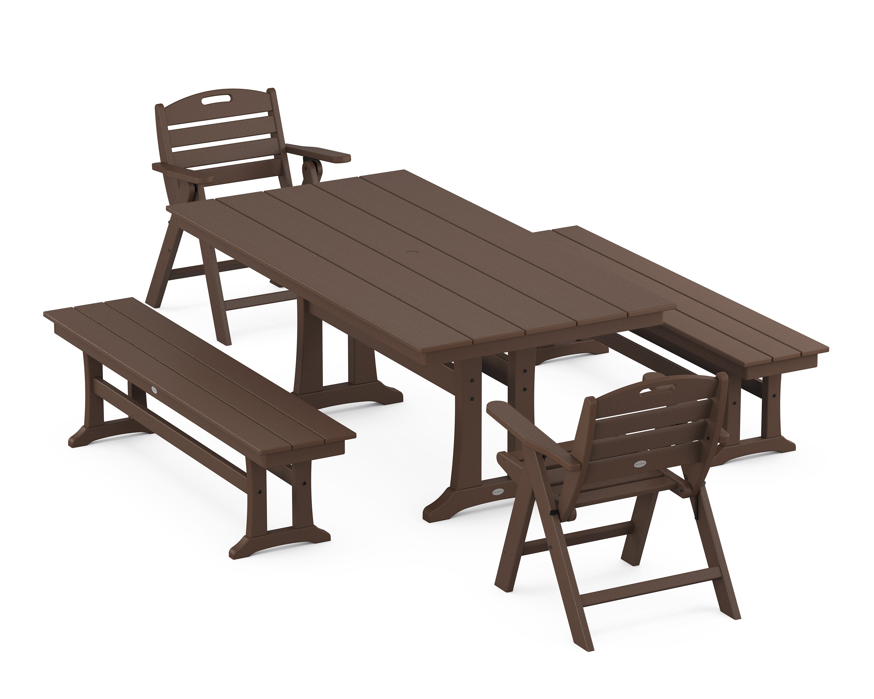 Nautical Folding Lowback Chair 5-Piece Farmhouse Dining Set With Trestle Legs in Mahogany