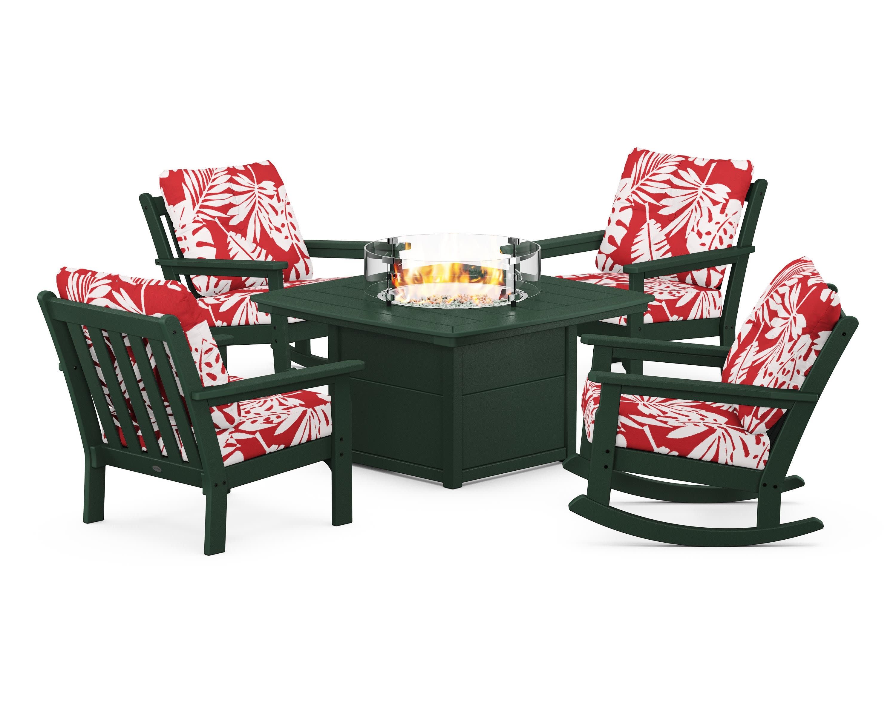 Vineyard 5-Piece Deep Seating Rocking Chair Conversation Set with Fire Pit Table in Green / Leaf Crimson