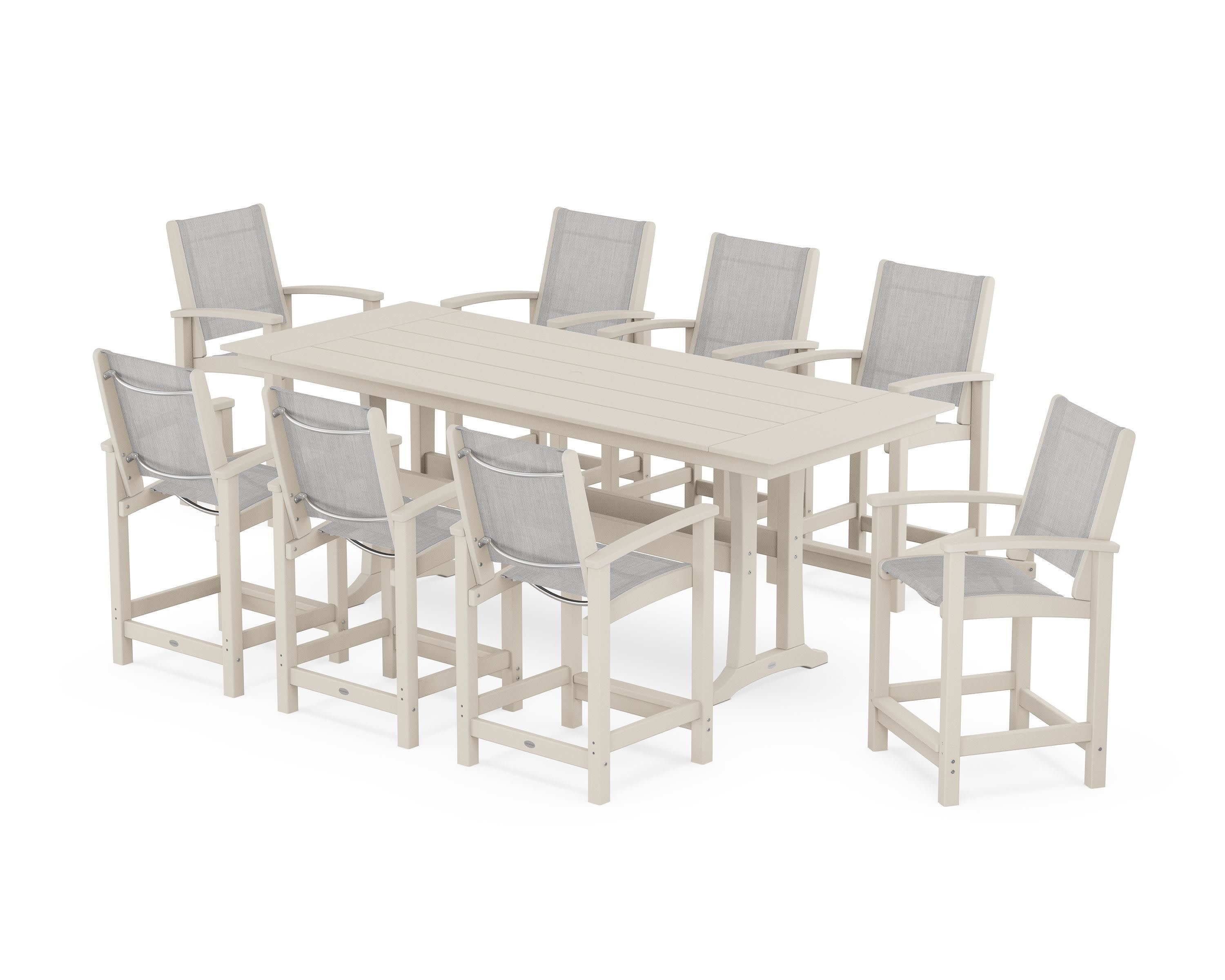 Coastal 9-Piece Farmhouse Counter Set with Trestle Legs in Sand / Parchment Sling