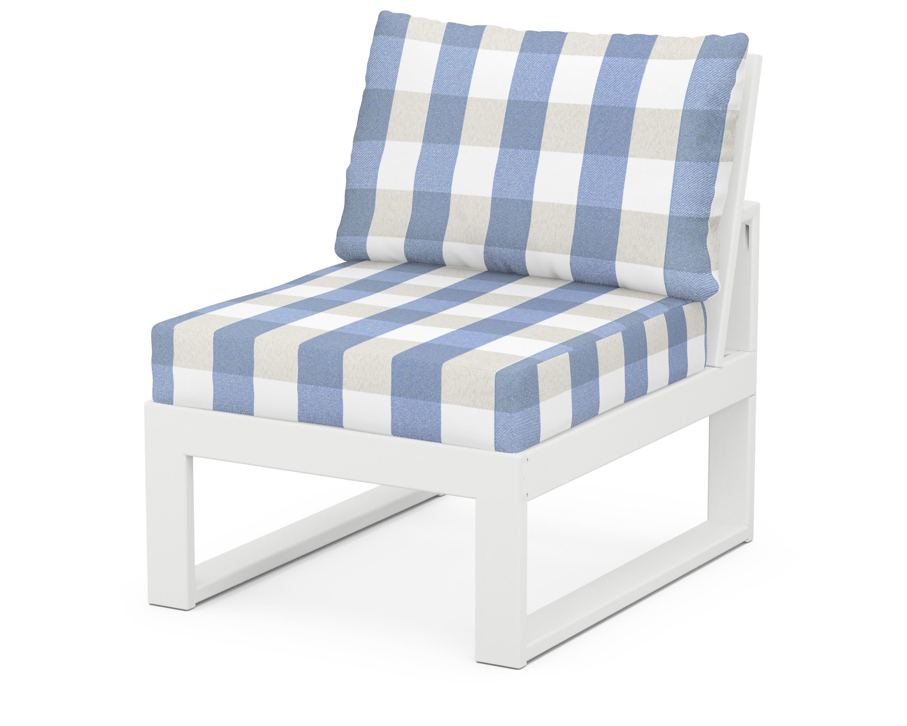 Modular Armless Chair in White / Buffalo Plaid Sky Blue