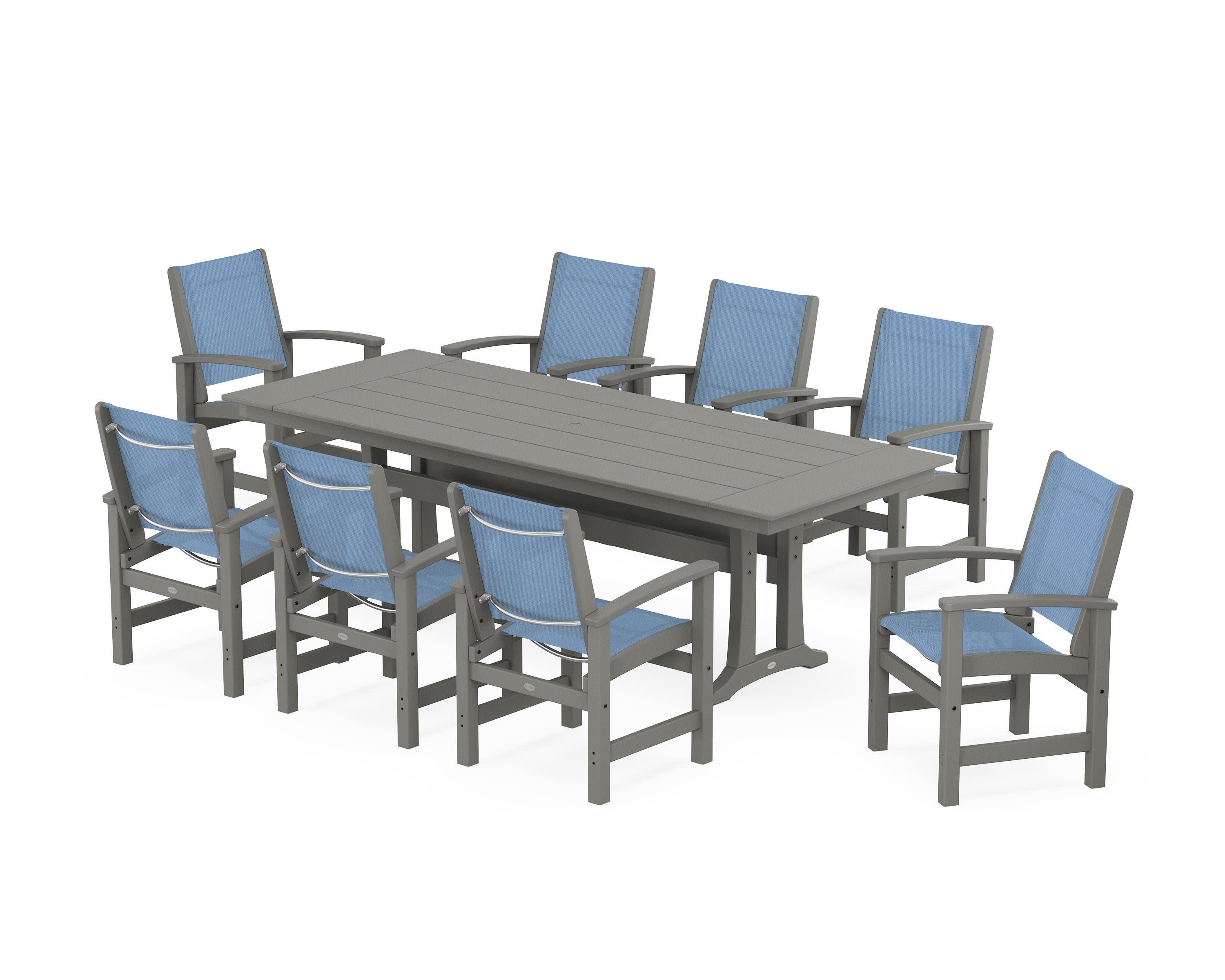 Coastal 9-Piece Farmhouse Dining Set with Trestle Legs in Slate Grey / Poolside Sling