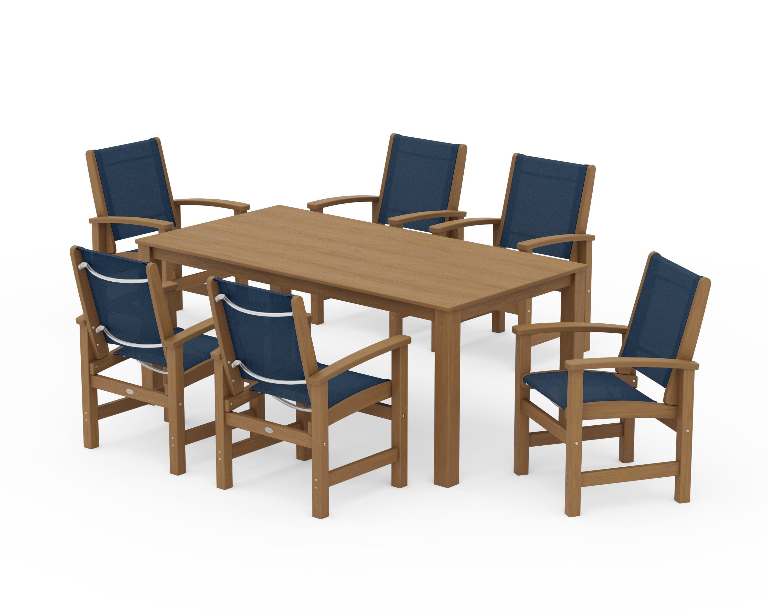 Coastal 7-Piece Parsons Dining Set in Natural / Navy Blue Sling