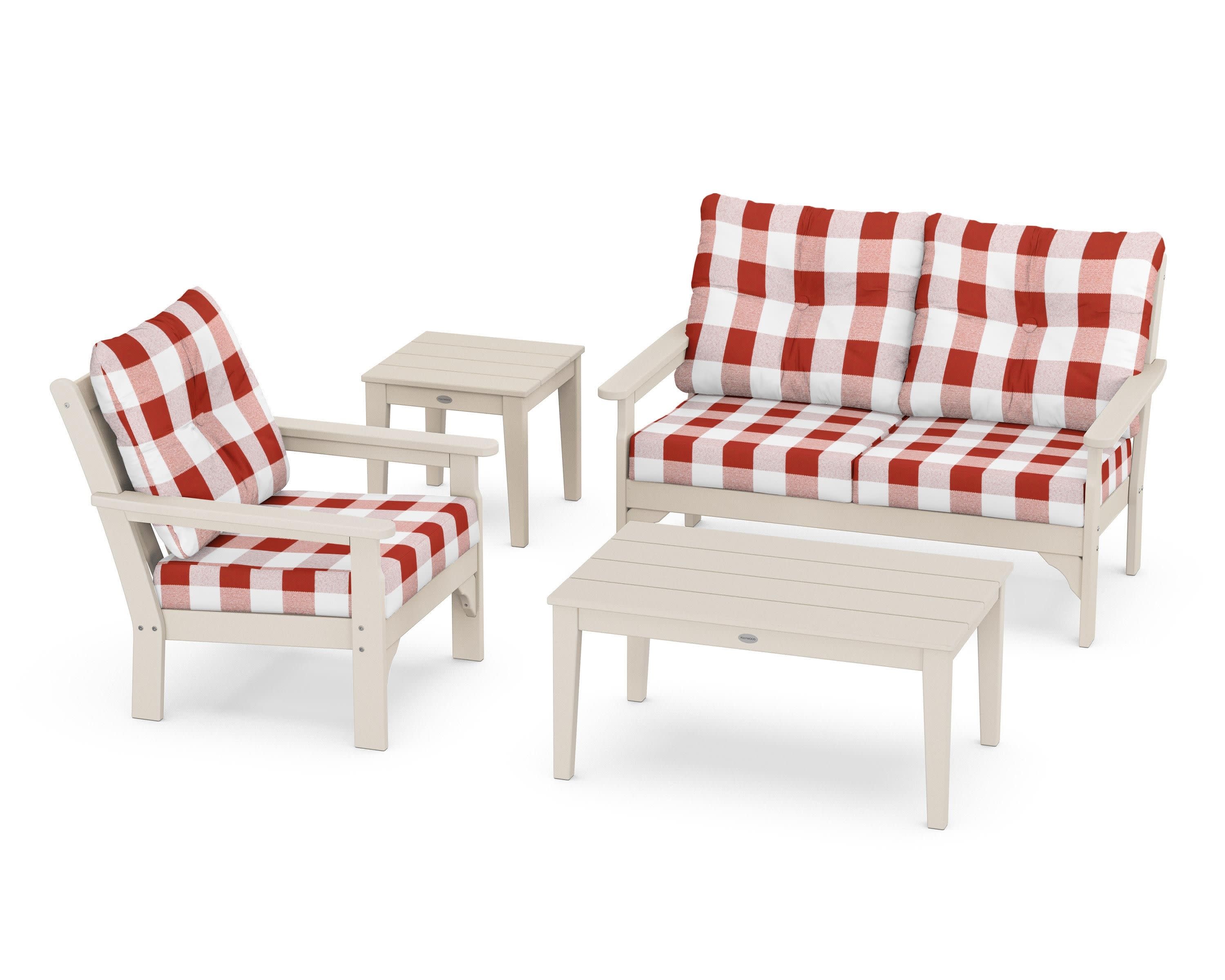 Vineyard 4-Piece Deep Seating Set in Sand / Buffalo Plaid Crimson