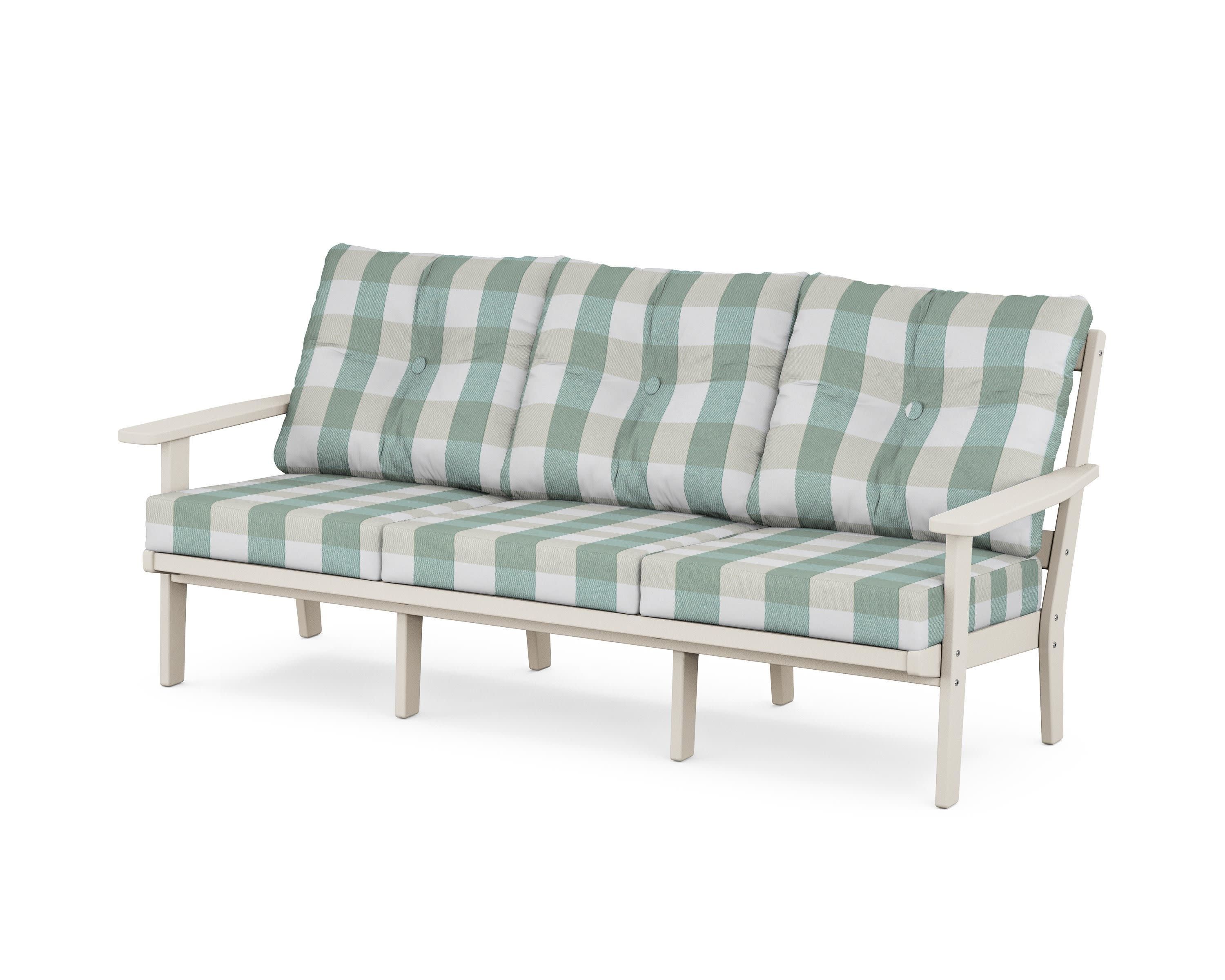 PrairieDeep Seating Sofa in Sand / Buffalo Plaid Glacier Spa