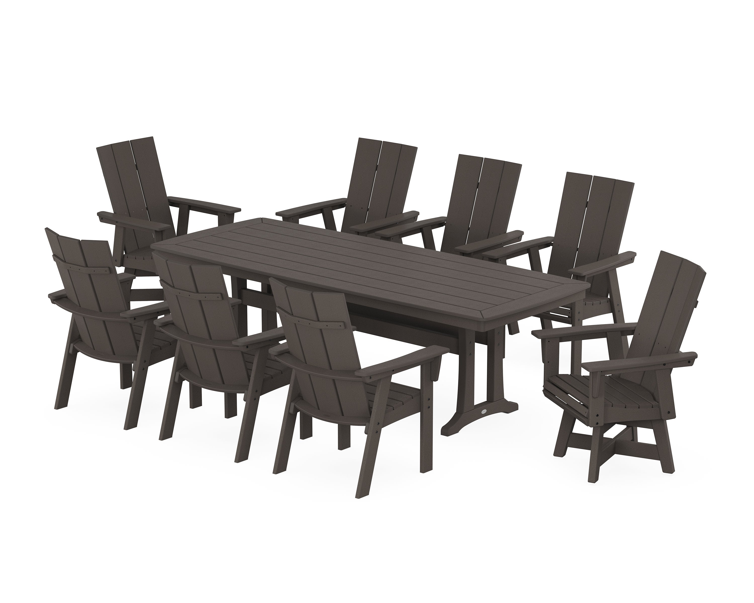Modern Curveback Adirondack Swivel 9-Piece Dining Set with Trestle Legs in Vintage Coffee