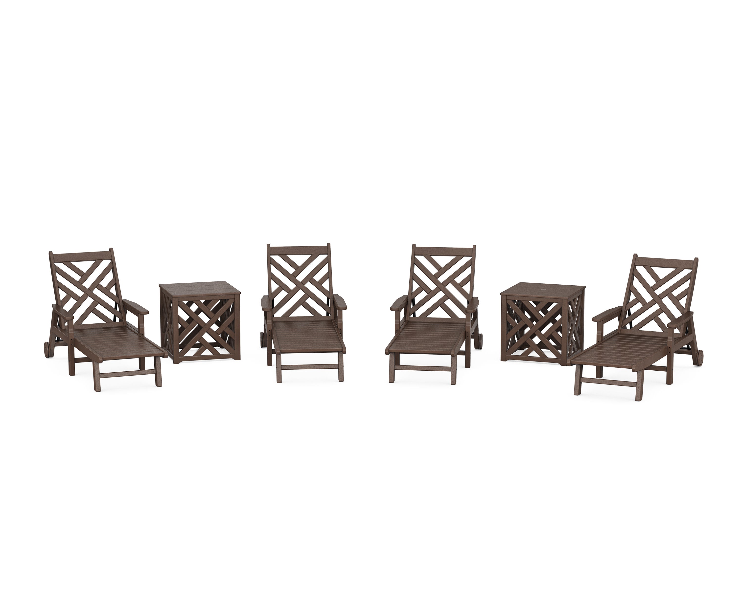 Chippendale 6-Piece Chaise Set with Umbrella Stand Accent Table in Mahogany