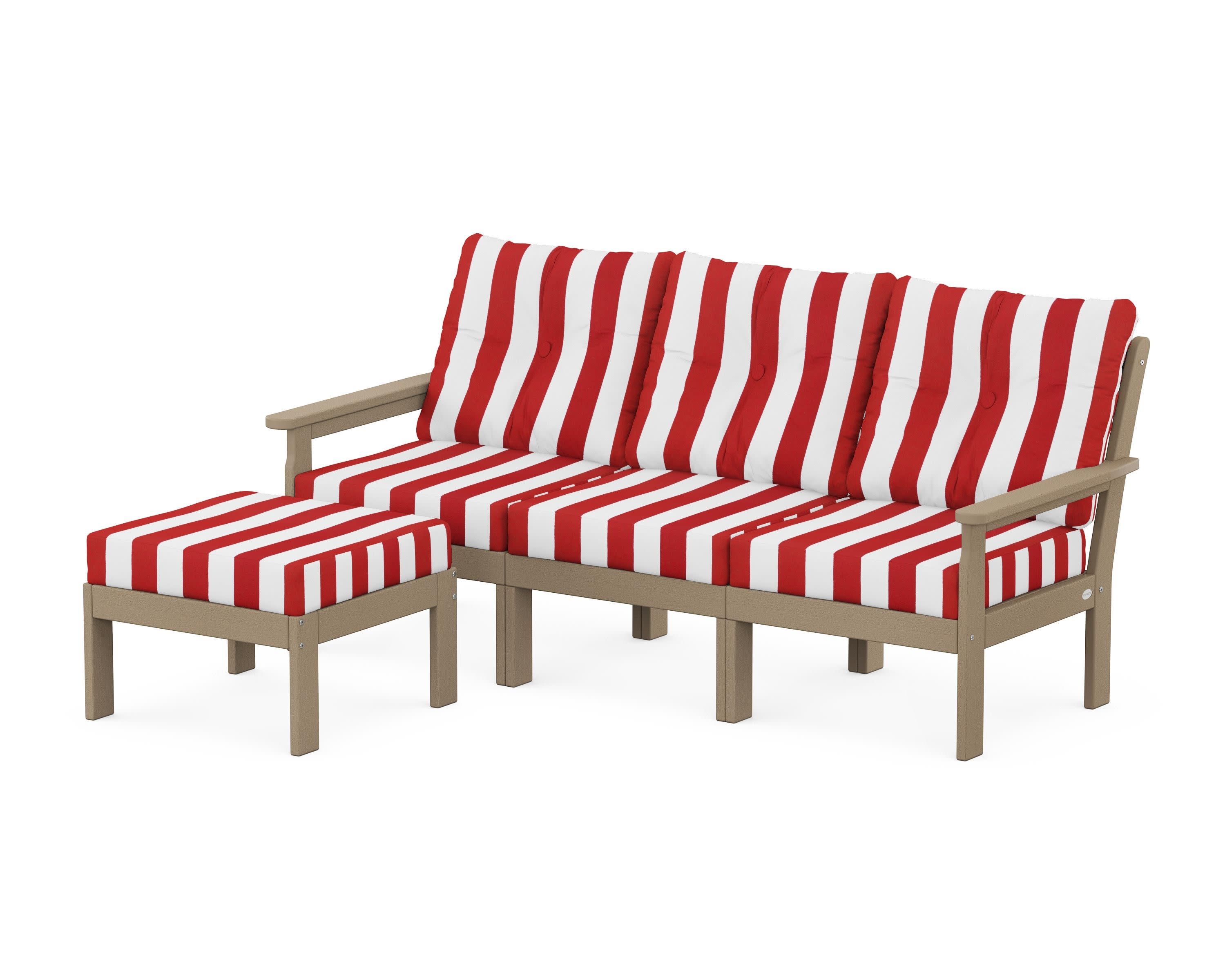 Vineyard 4-Piece Sectional with Ottoman in Vintage Sahara / Cabana Stripe Crimson