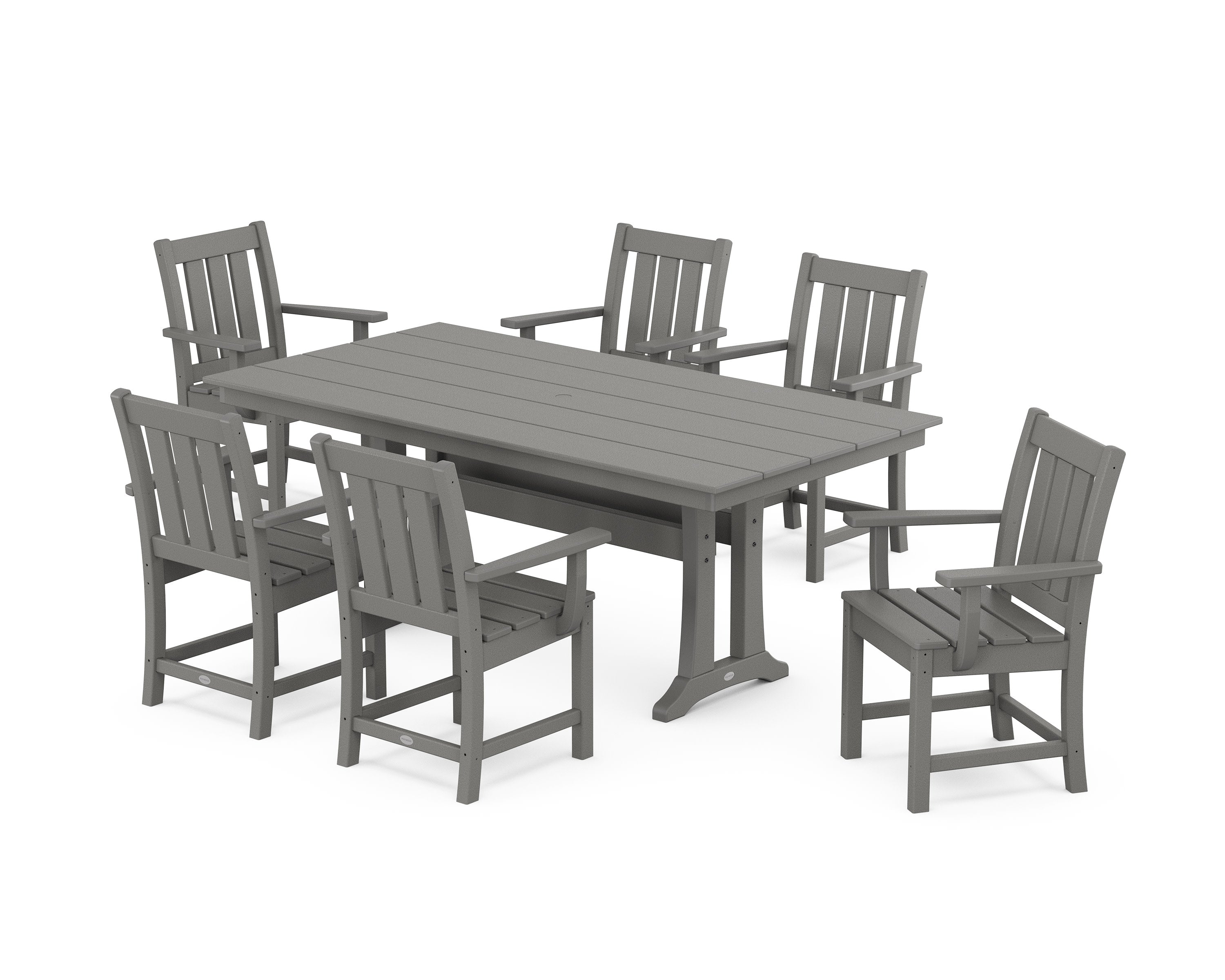 Oxford Arm Chair 7-Piece Farmhouse Dining Set with Trestle Legs in Slate Grey