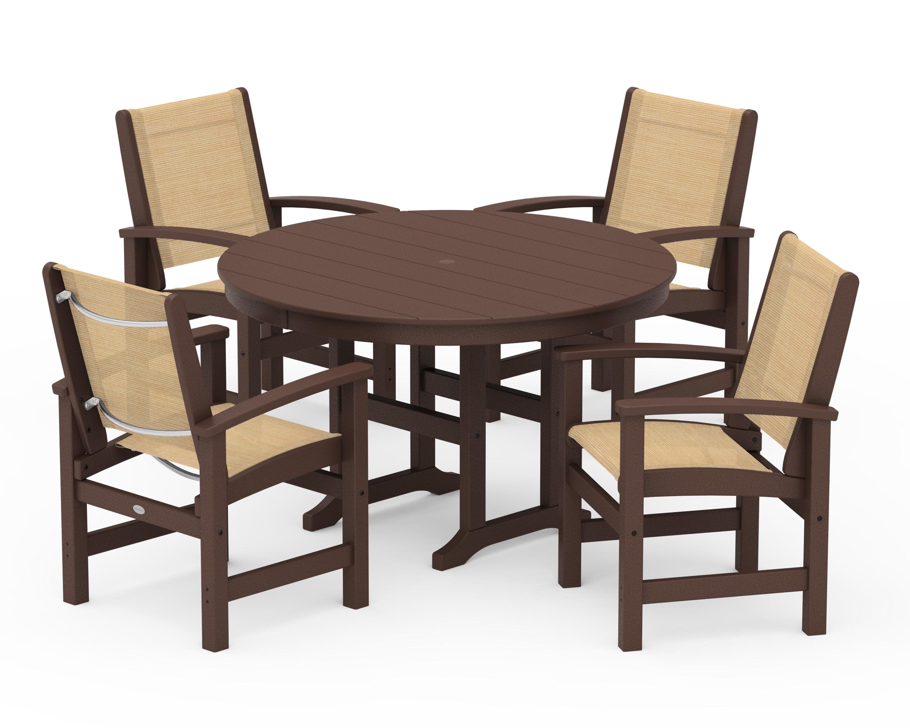 Coastal 5-Piece Round Farmhouse Dining Set in Mahogany / Dupioni Apricot Sling