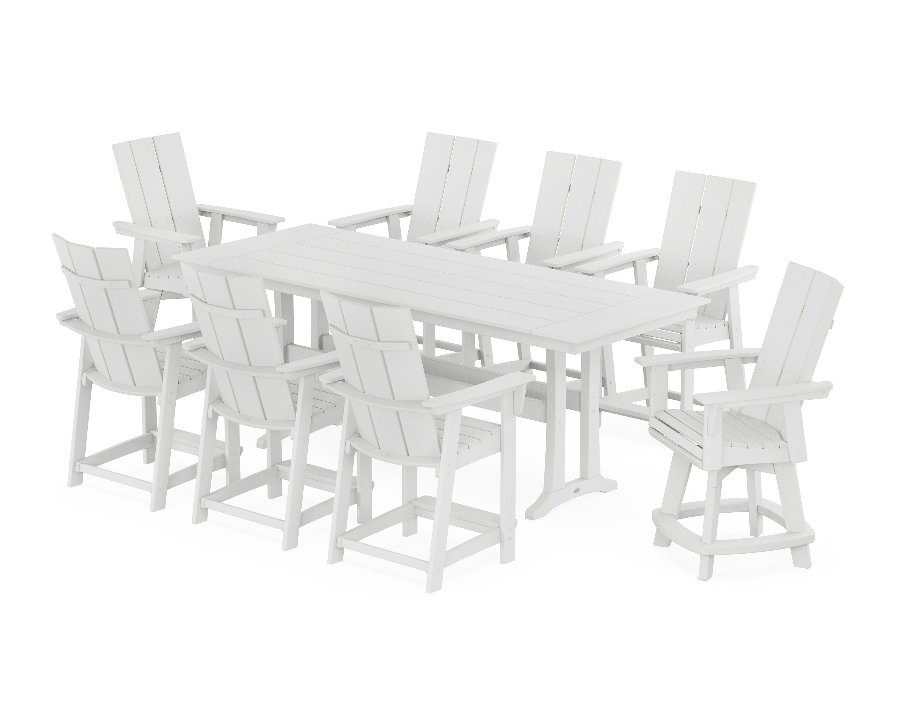 Modern Curveback Adirondack Swivel 9-Piece Farmhouse Counter Set with Trestle Legs in White
