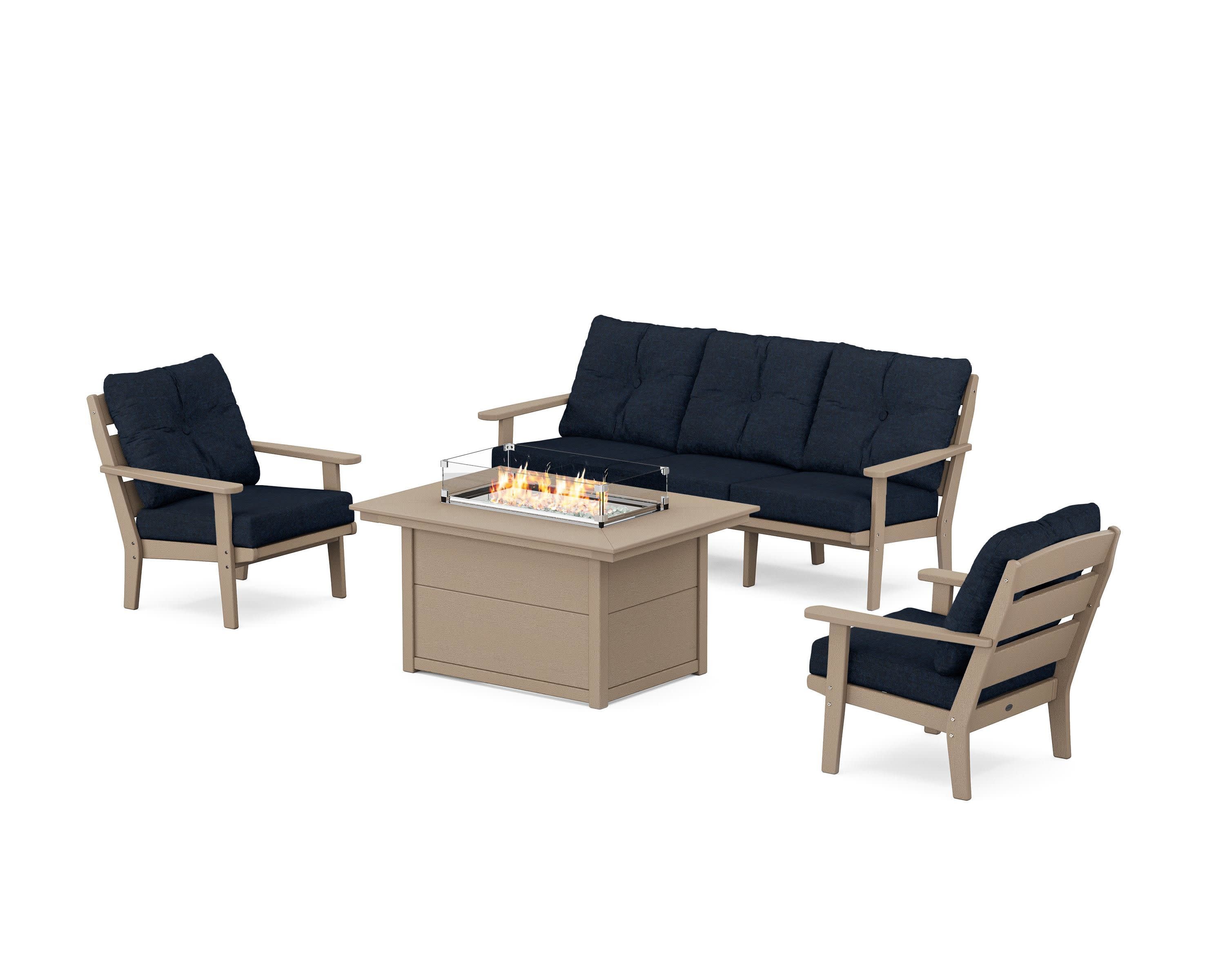 Lakeside Deep Seating Fire Pit Table Set in Vintage Sahara / Marine Indigo