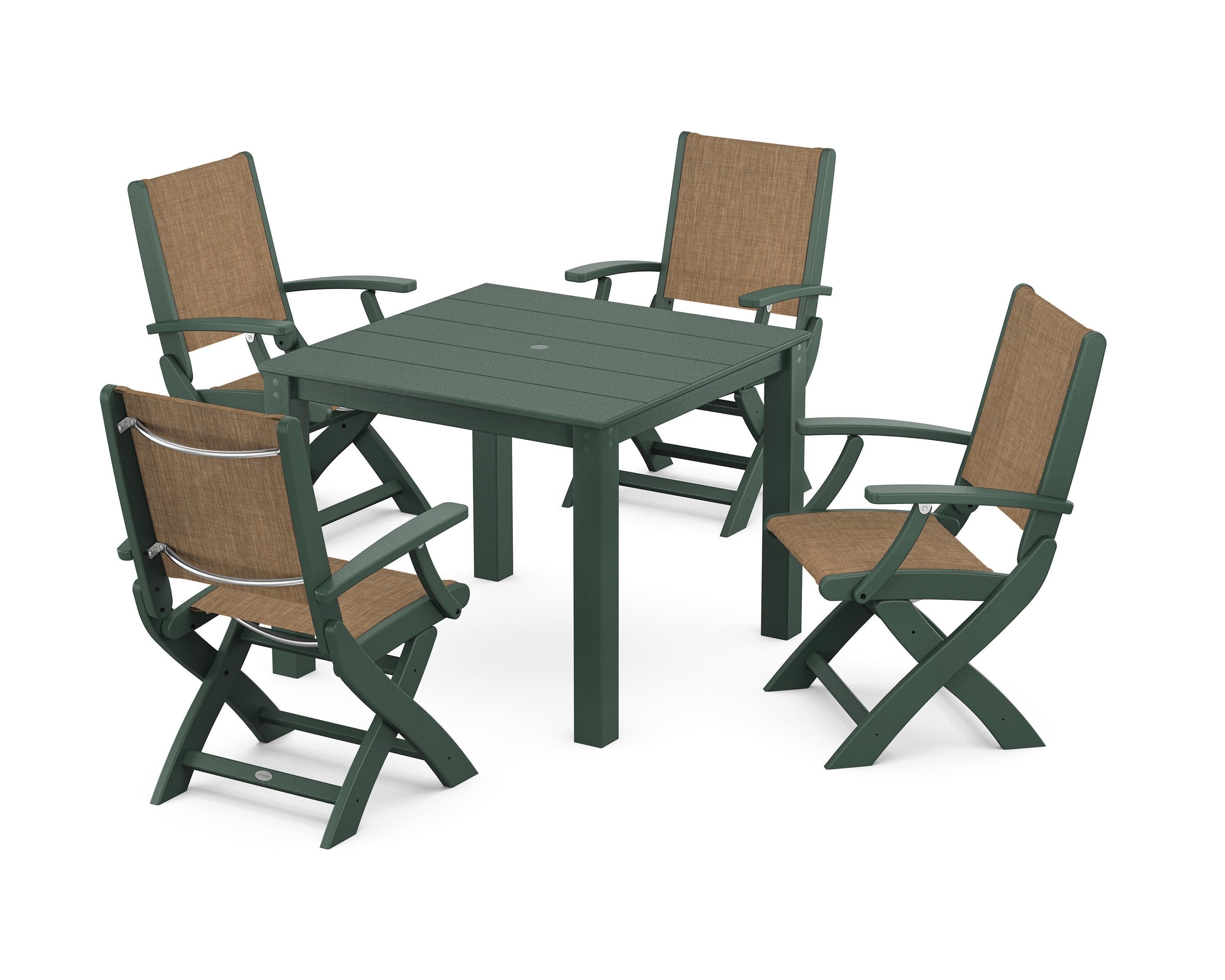Coastal Folding Chair 5-Piece Parsons Dining Set in Green / Burlap Sling