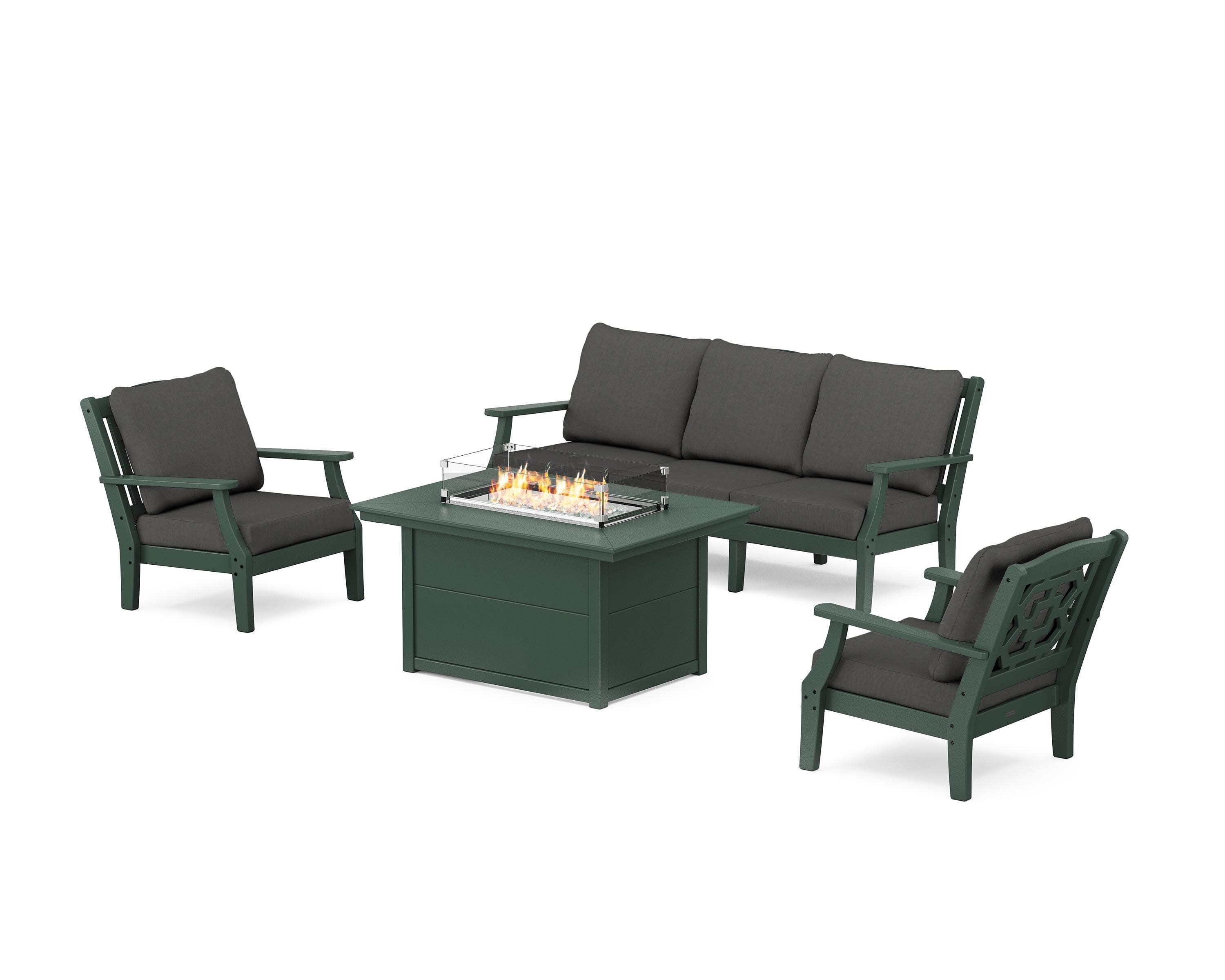 Chinoiserie Deep Seating Fire Pit Table Set in Green / Spectrum Carbon