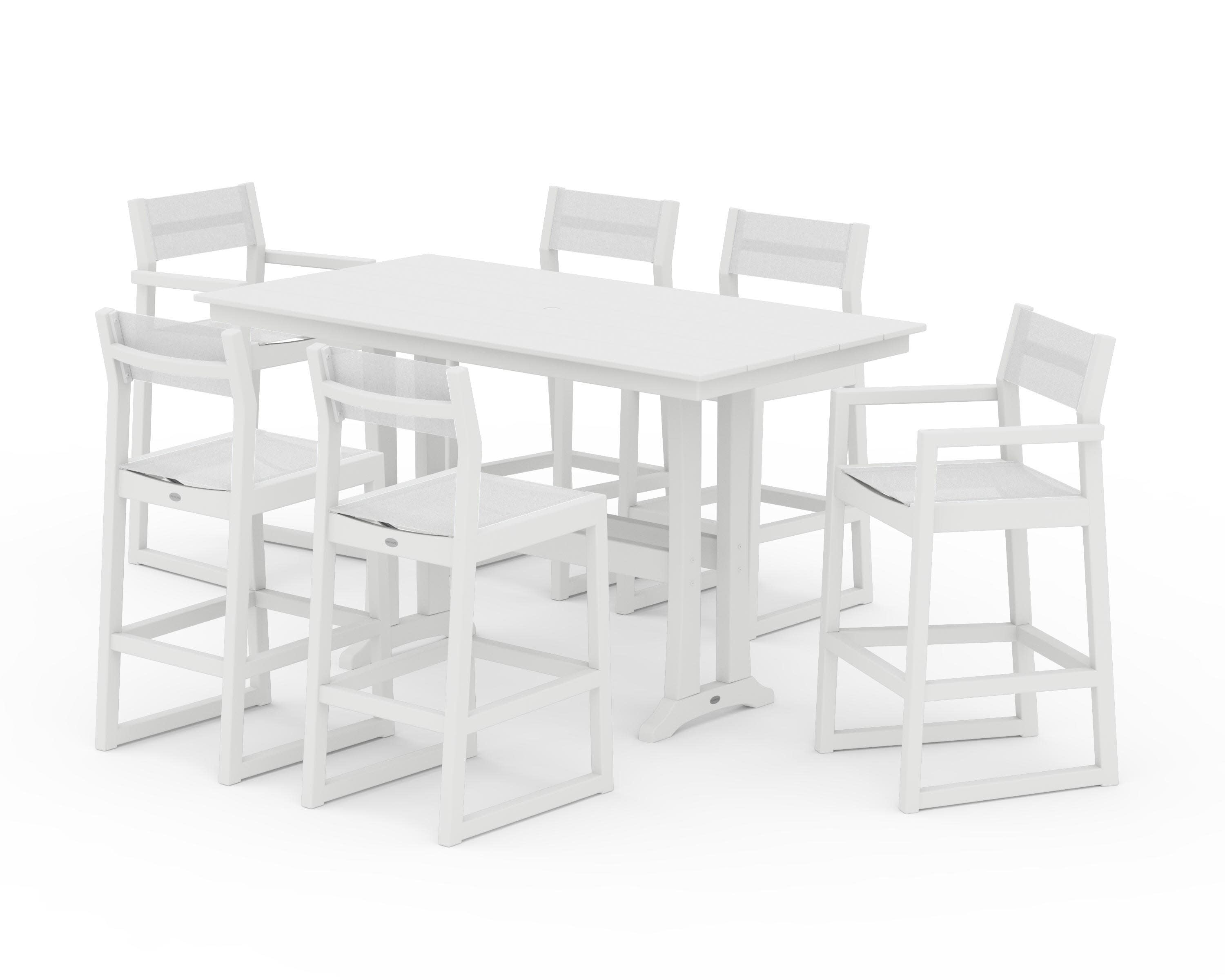 EDGE Sling 7-Piece Farmhouse Bar Set with Trestle Legs in White / White Sling