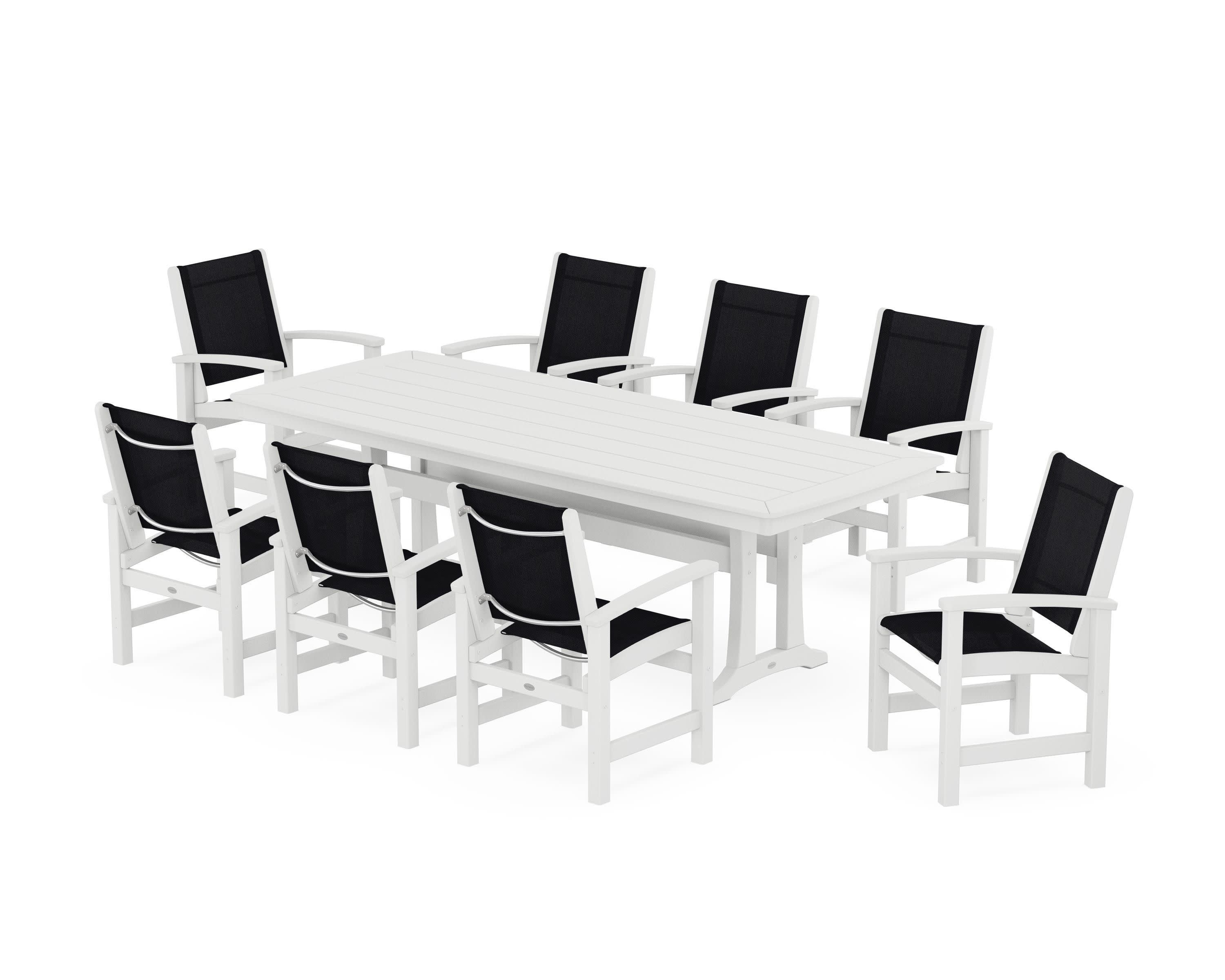 Coastal 9-Piece Dining Set with Trestle Legs in White / Black Sling
