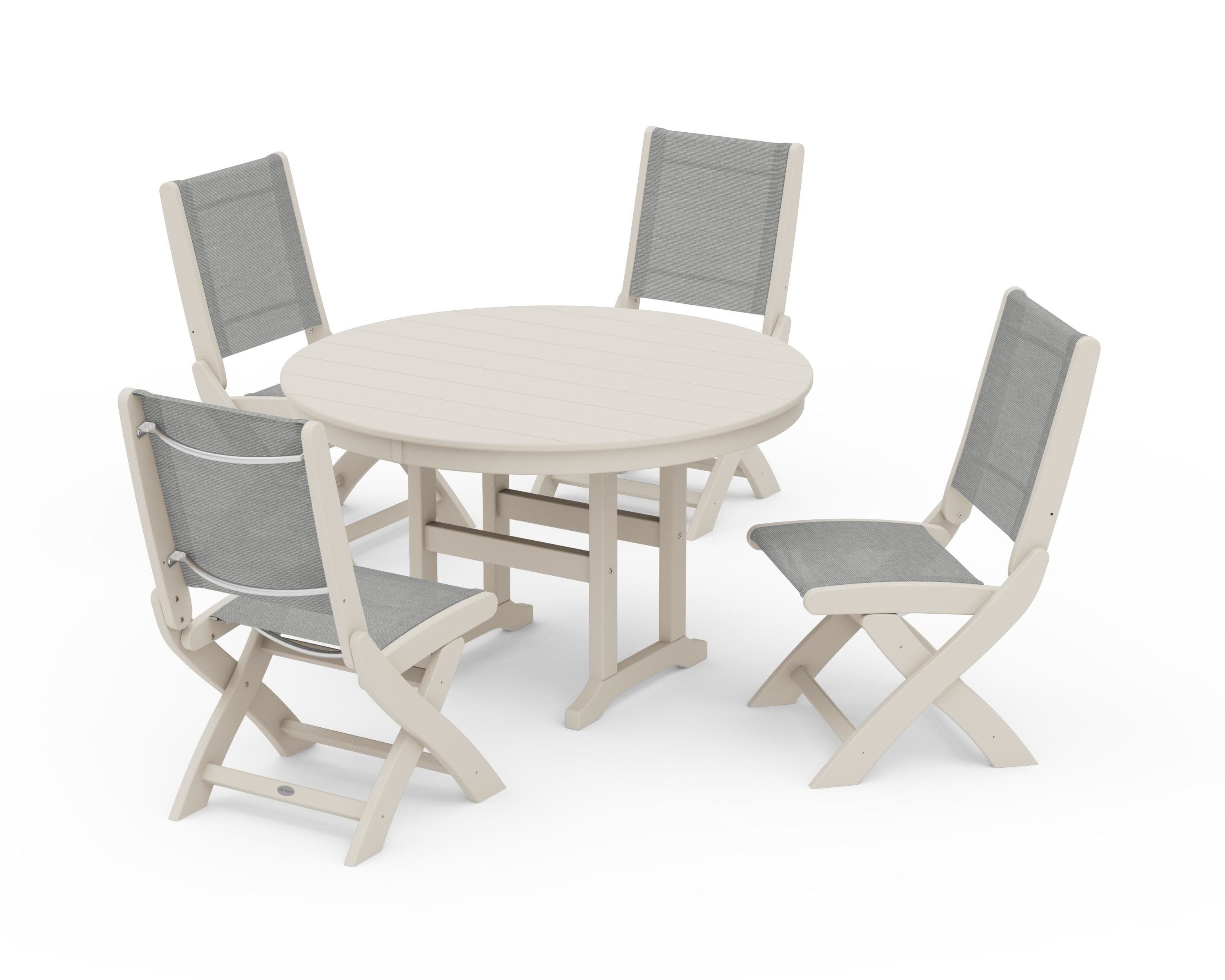Coastal Folding Side Chair 5-Piece Round Dining Set in Sand / Metallic Sling