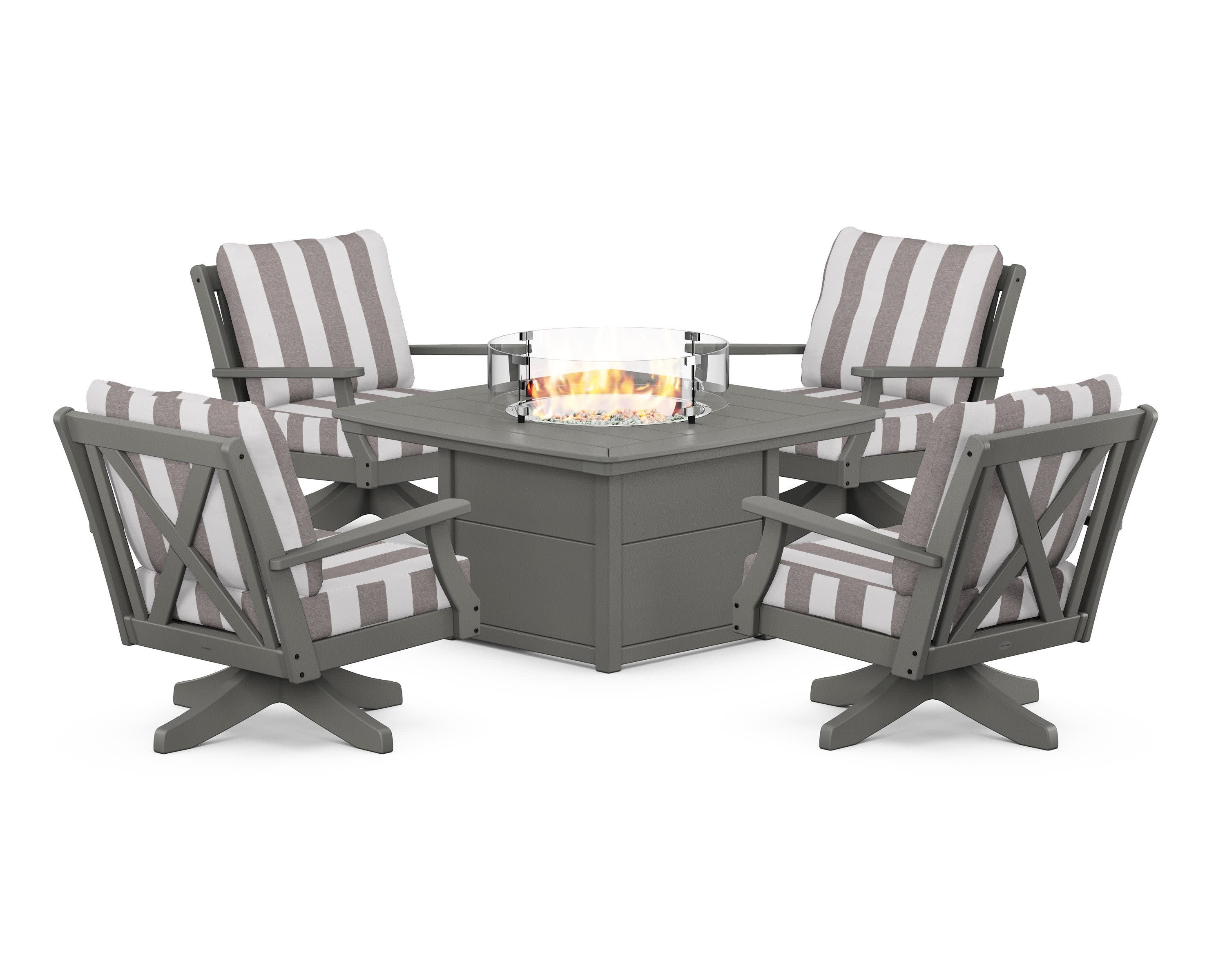 Braxton 5-Piece Deep Seating Swivel Conversation Set with Fire Pit Table in Slate Grey / Cabana Stripe Grey Mist
