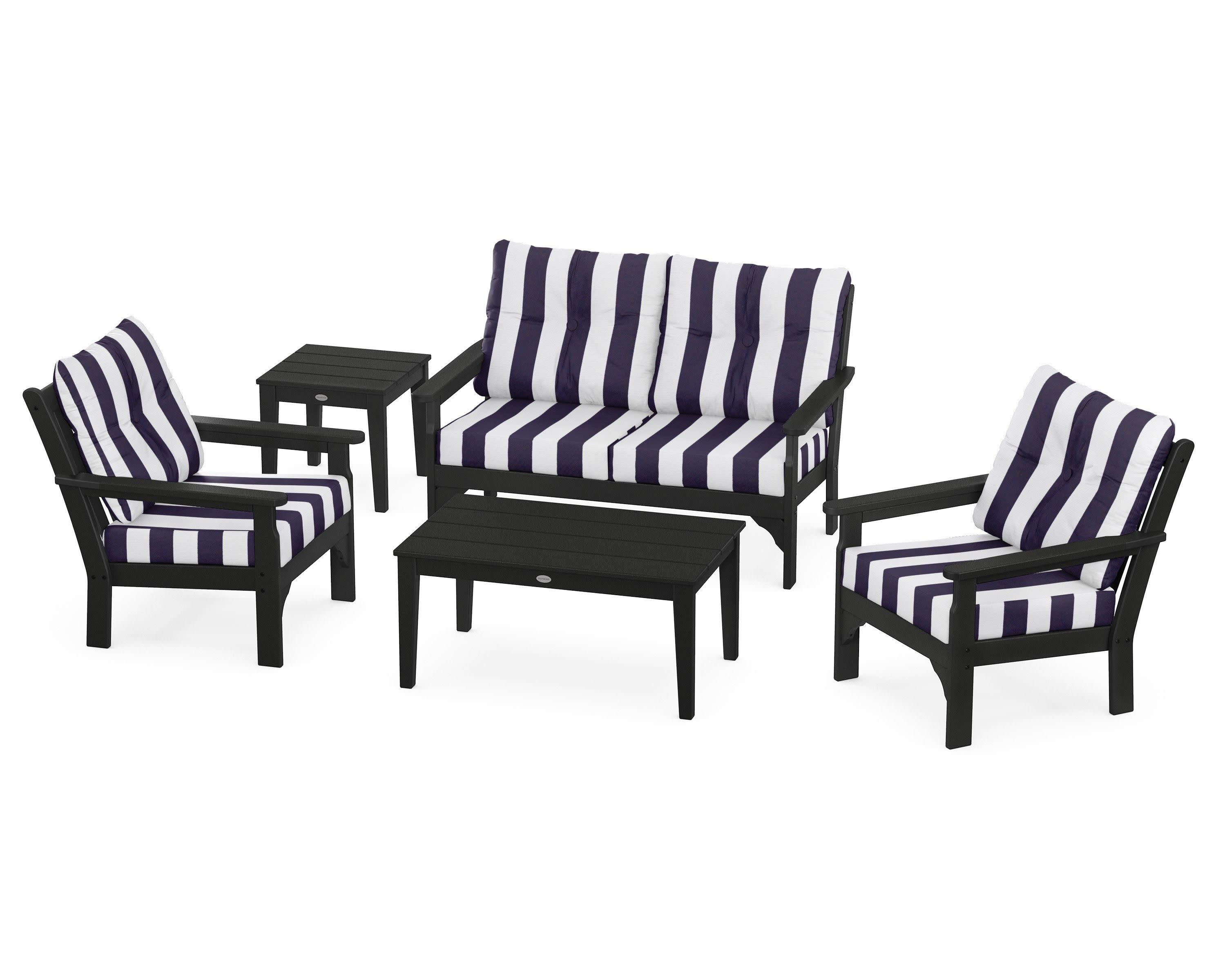 Vineyard 5-Piece Deep Seating Set in Black / Cabana Stripe Navy