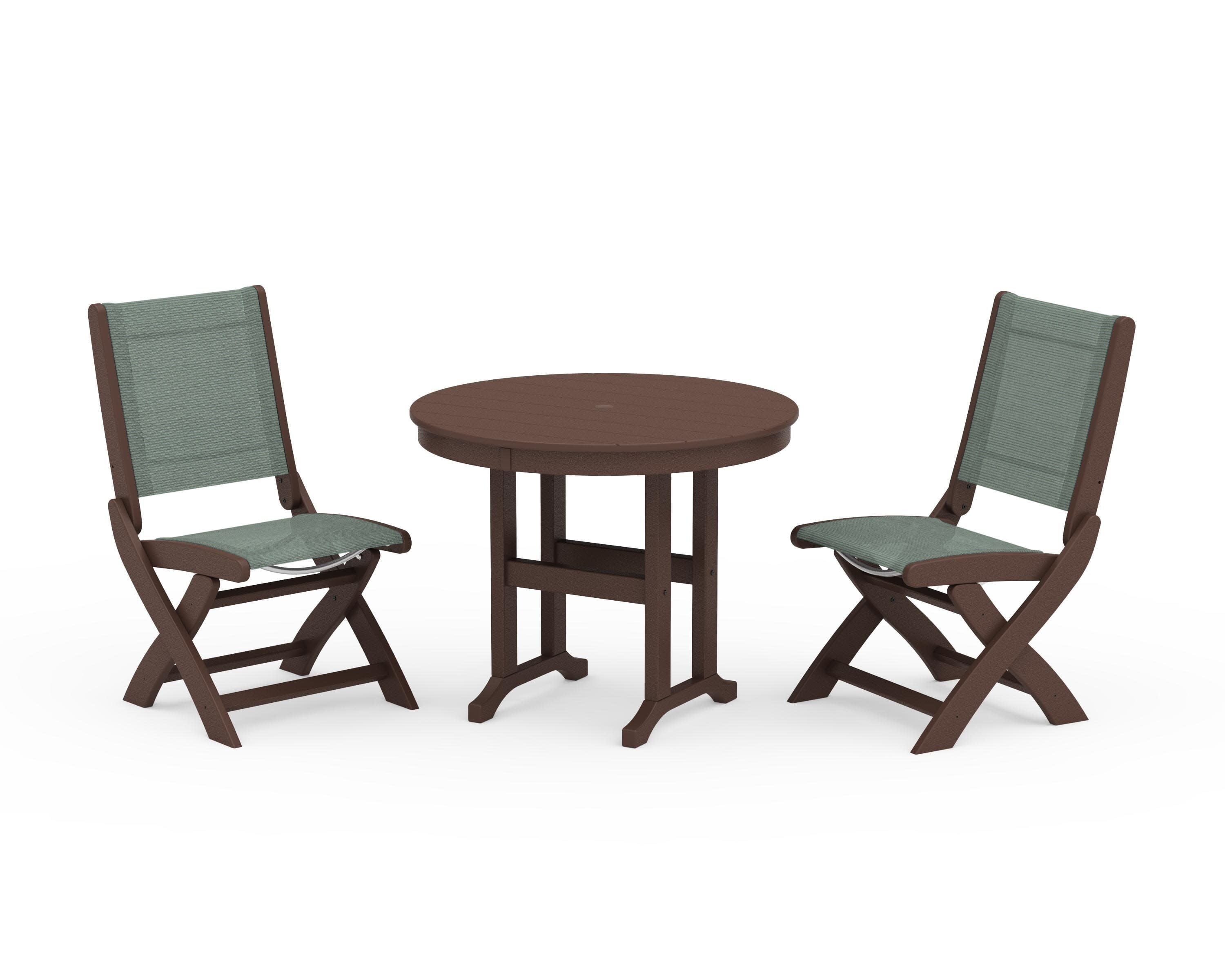 Coastal Folding Side Chair 3-Piece Round Dining Set in Mahogany / Dupioni Sea Mist Sling