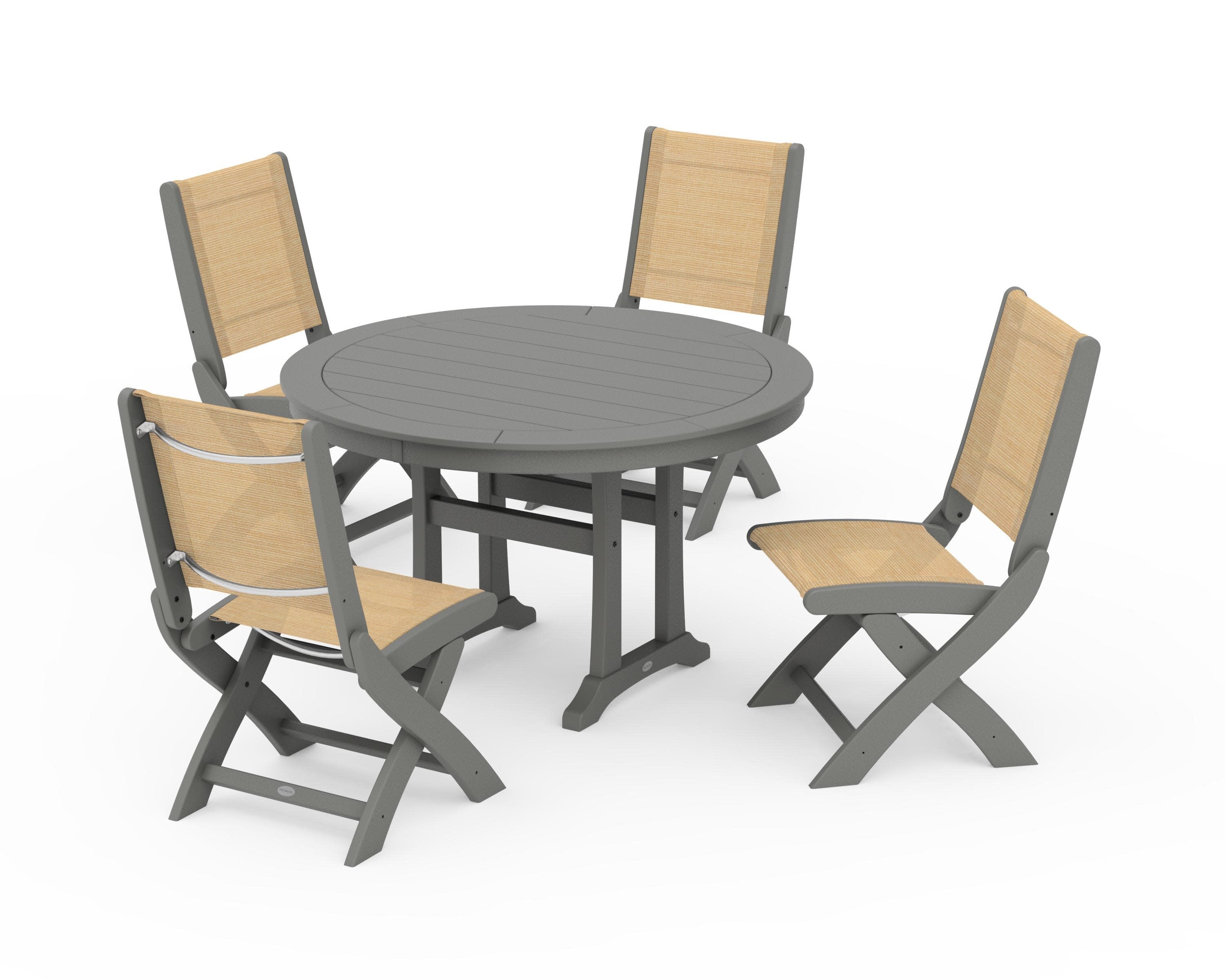 Coastal Folding Side Chair 5-Piece Round Dining Set With Trestle Legs in Slate Grey / Dupioni Apricot Sling