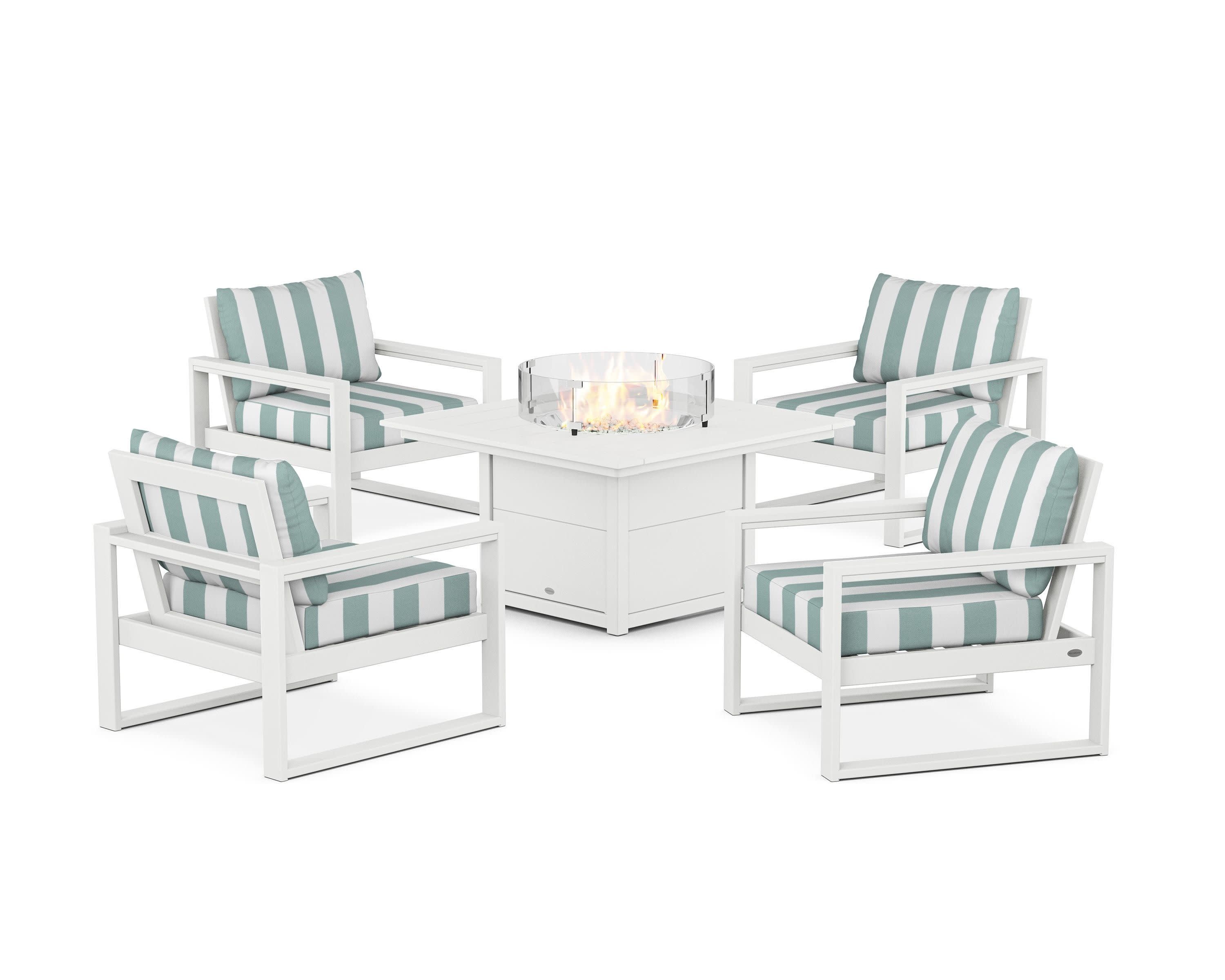 EDGE Sectional 5-Piece Deep Seating Set with Fire Pit Table in White / Cabana Stripe Glacier Spa