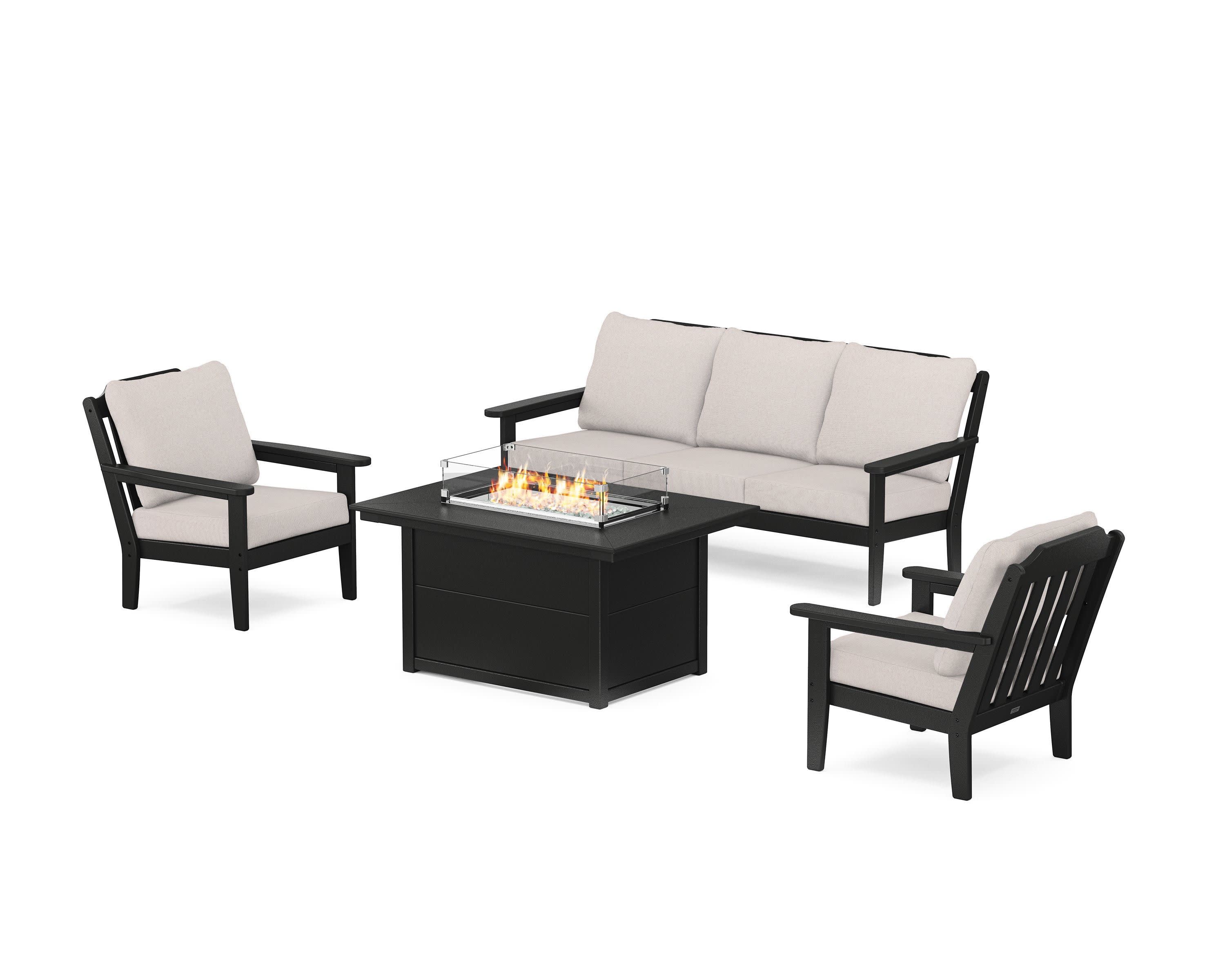 Cottage Deep Seating Fire Pit Table Set in Black / Dune Burlap