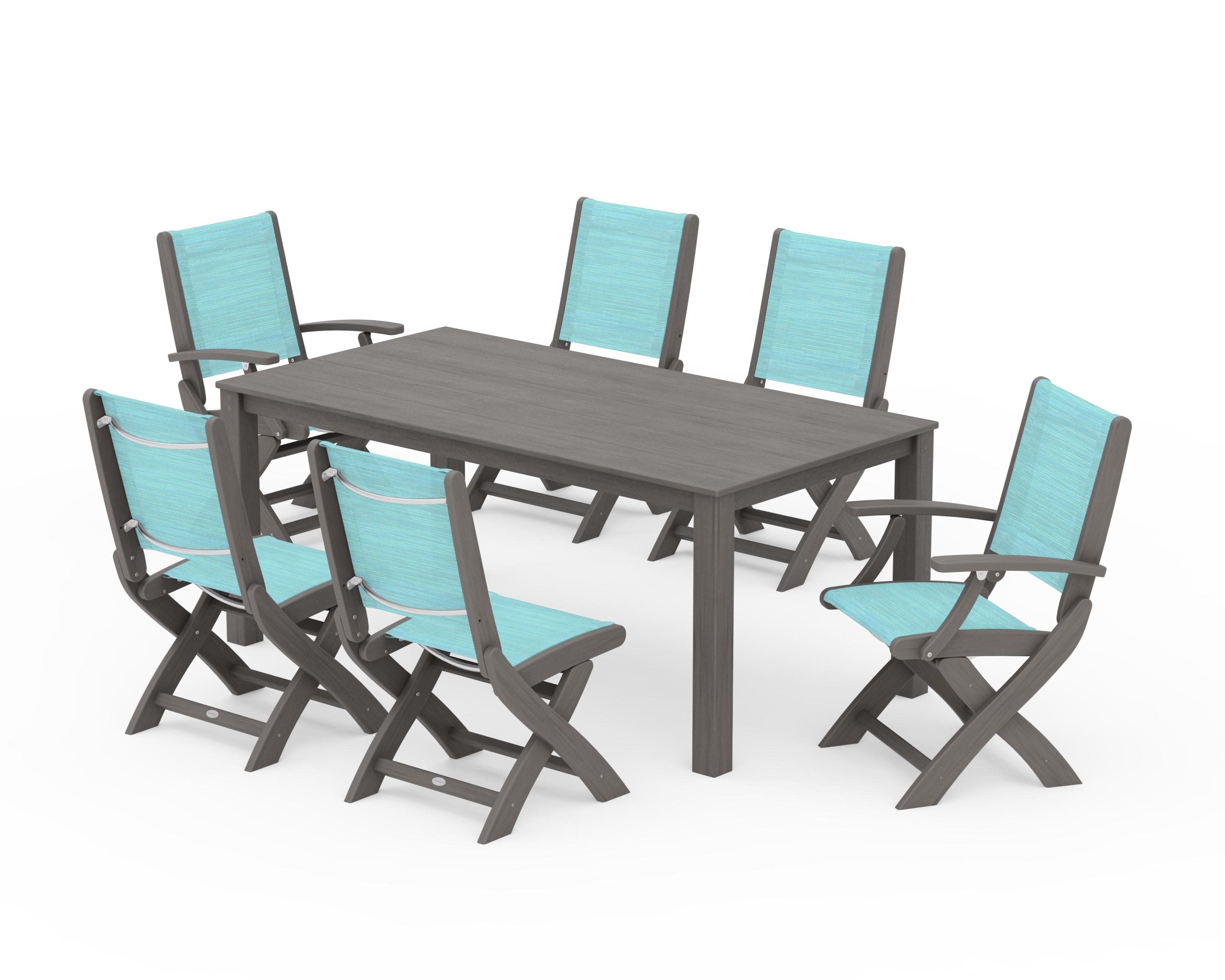 Coastal Folding Chair 7-Piece Parsons Dining Set in Driftwood / Dupioni Aquamarine Sling