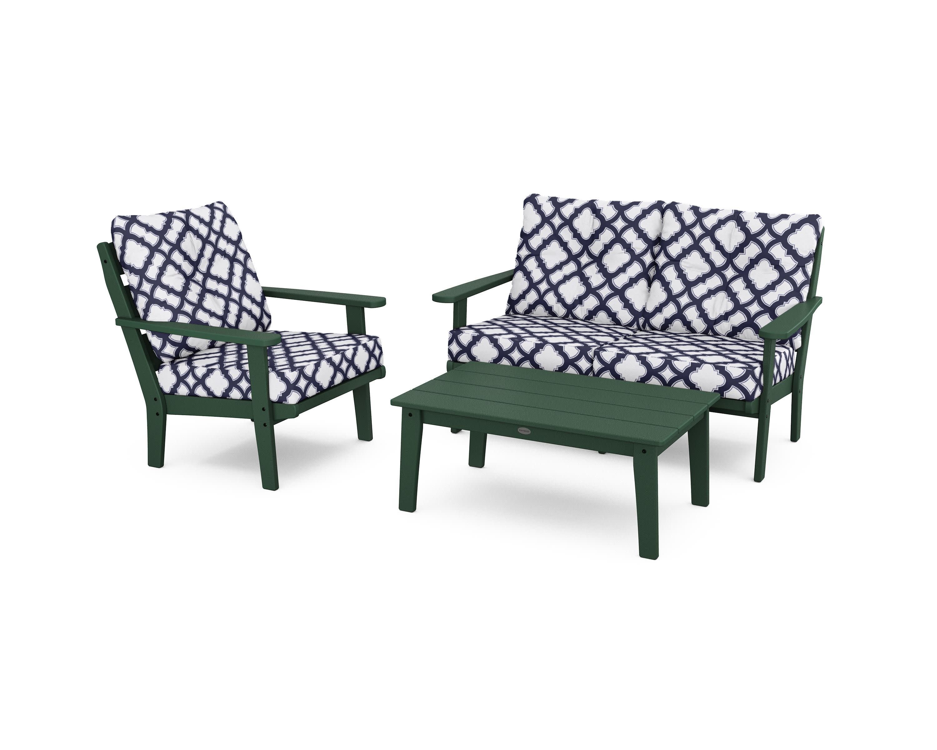 Lakeside 3-Piece Deep Seating Set in Green / Trellis Navy