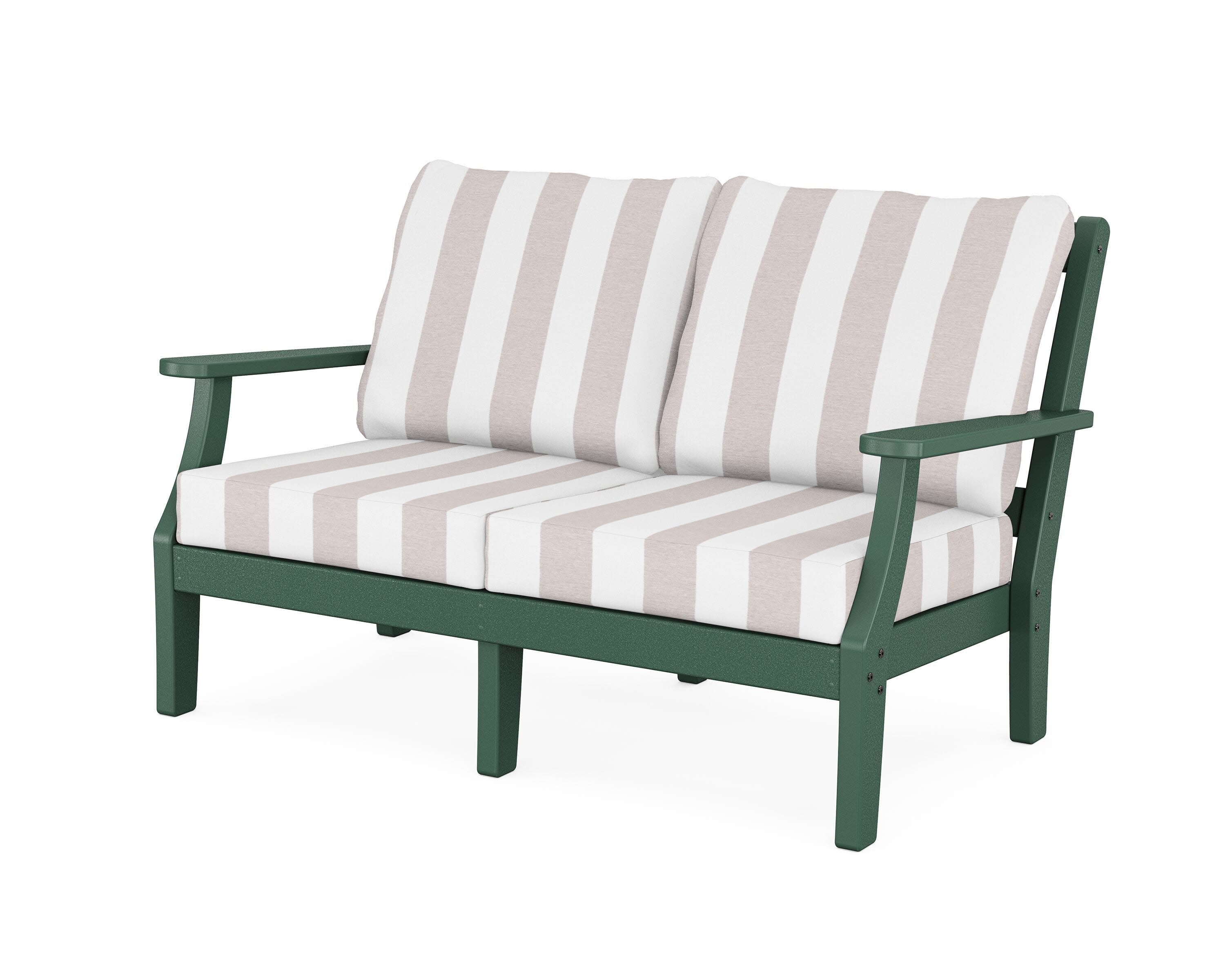 Chinoiserie Deep Seating Loveseat in Green / Cabana Stripe Dune Burlap