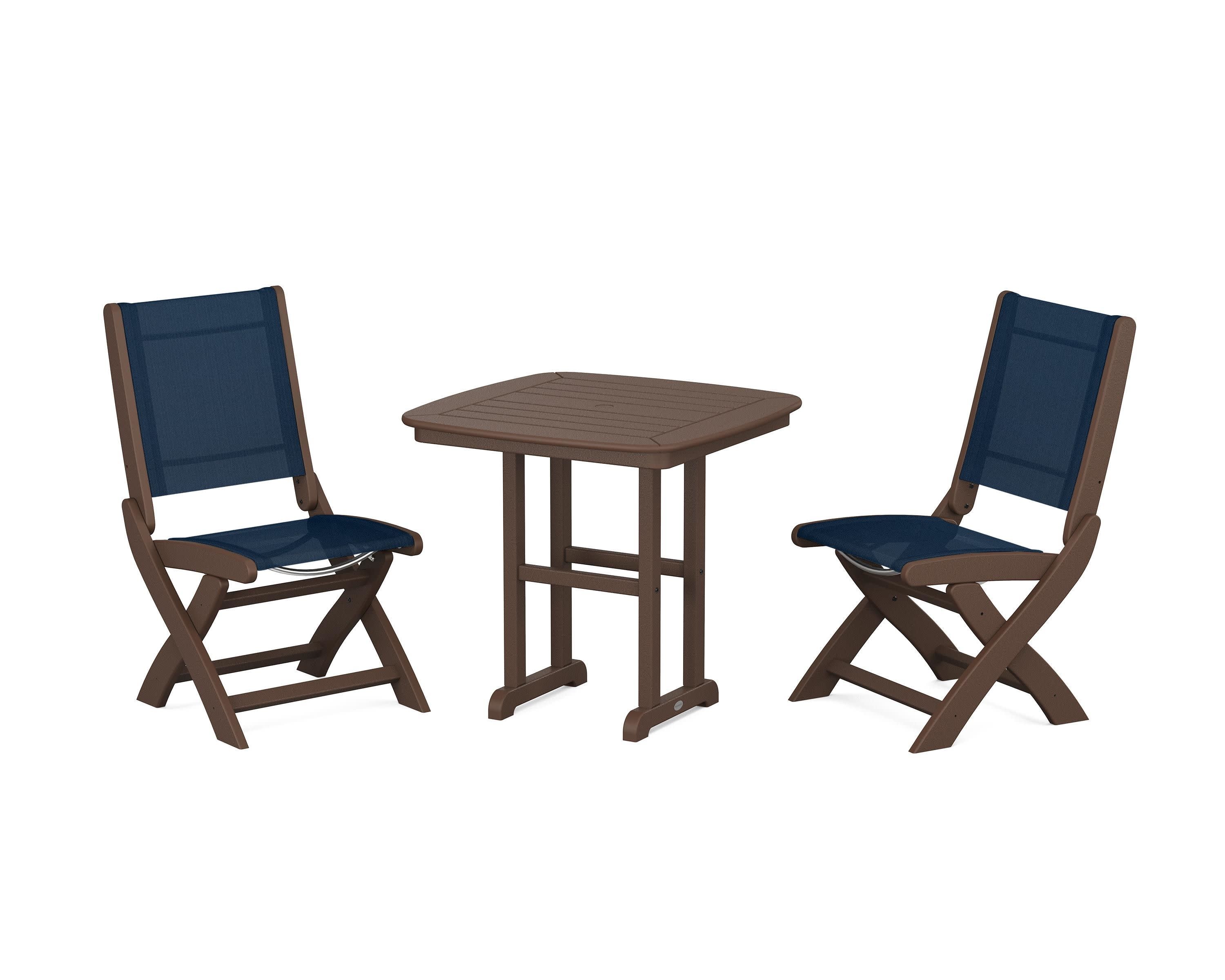 Coastal Folding Side Chair 3-Piece Dining Set in Mahogany / Navy Blue Sling