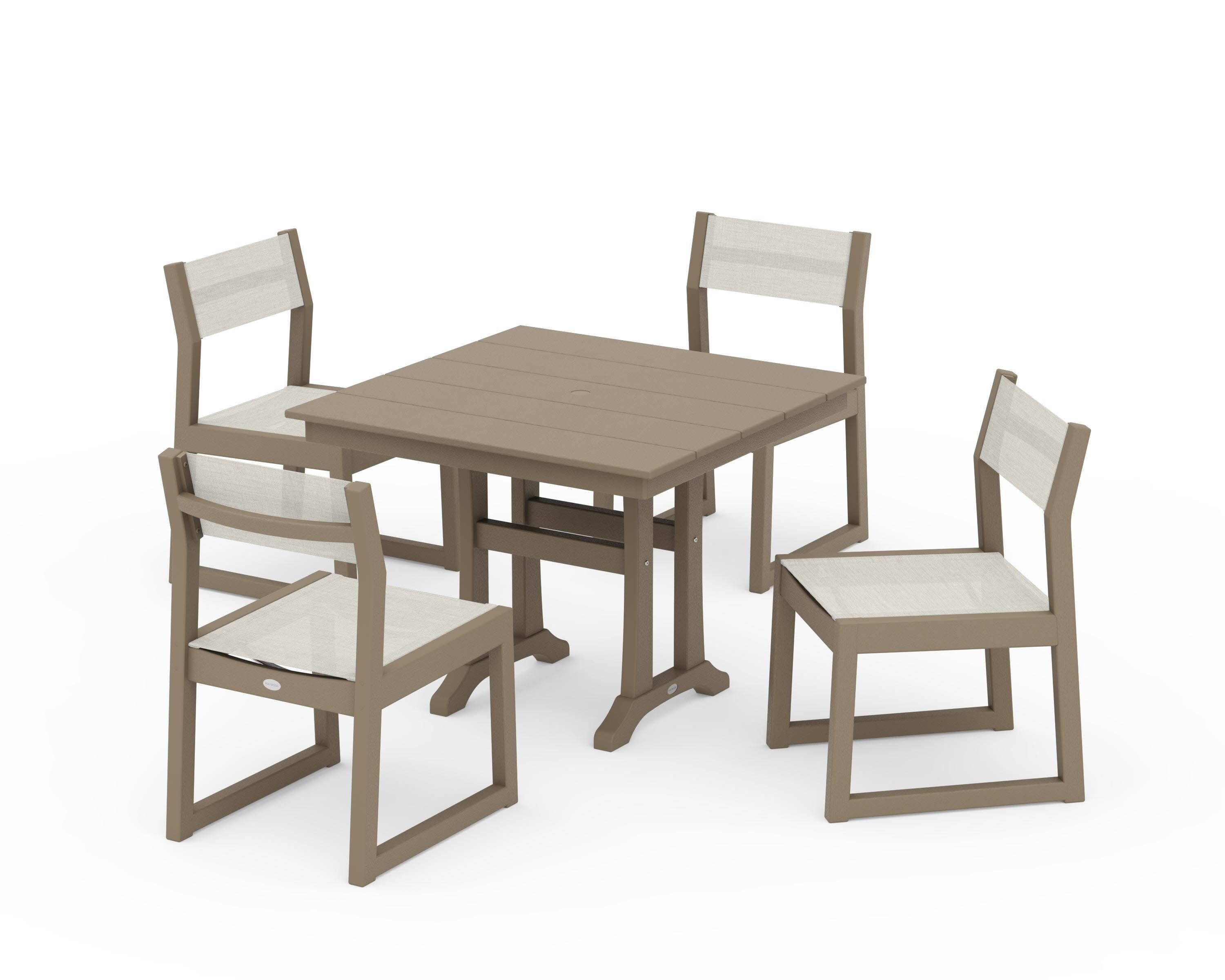 EDGE Sling 5-Piece Farmhouse Trestle Side Chair Dining Set in Vintage Sahara / Parchment Sling