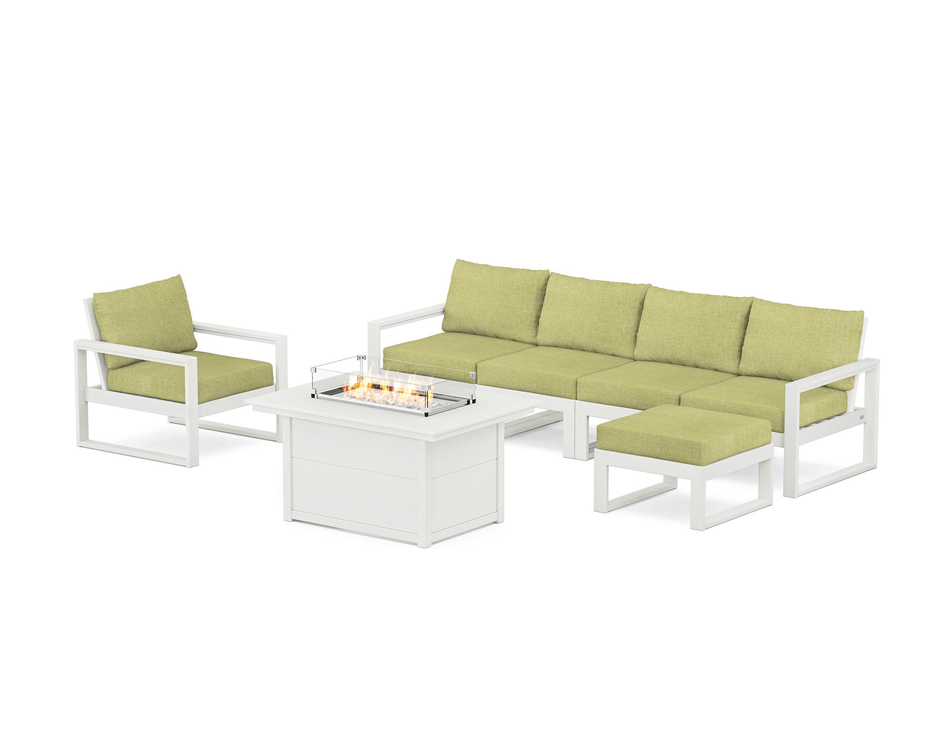 EDGE Sectional Lounge and Fire Pit Set in Vintage White / Chartreuse Boucle