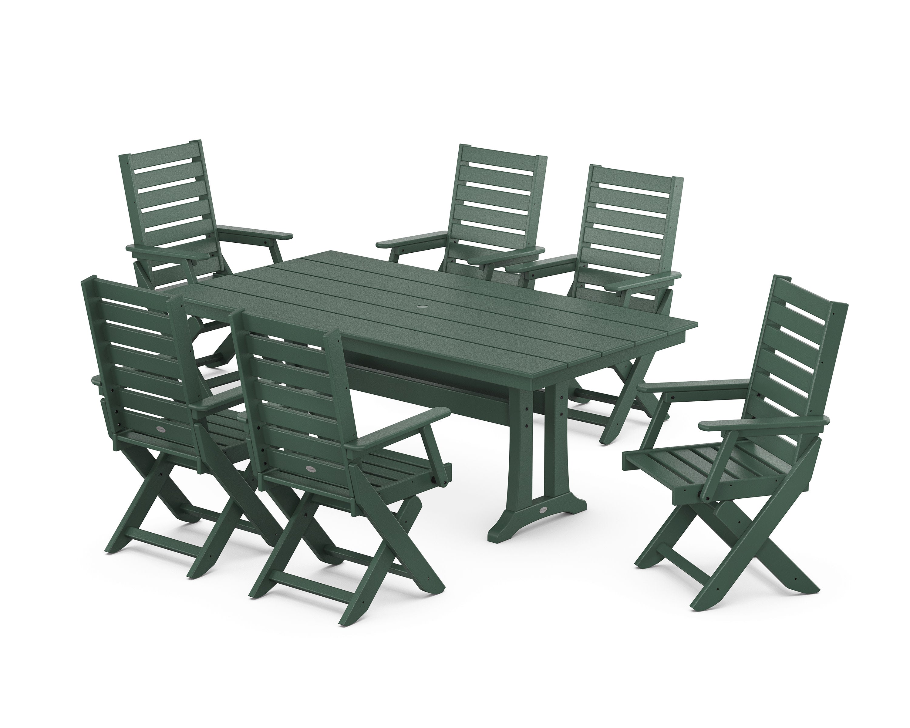 Captain Folding Chair 7-Piece Farmhouse Dining Set with Trestle Legs in Green
