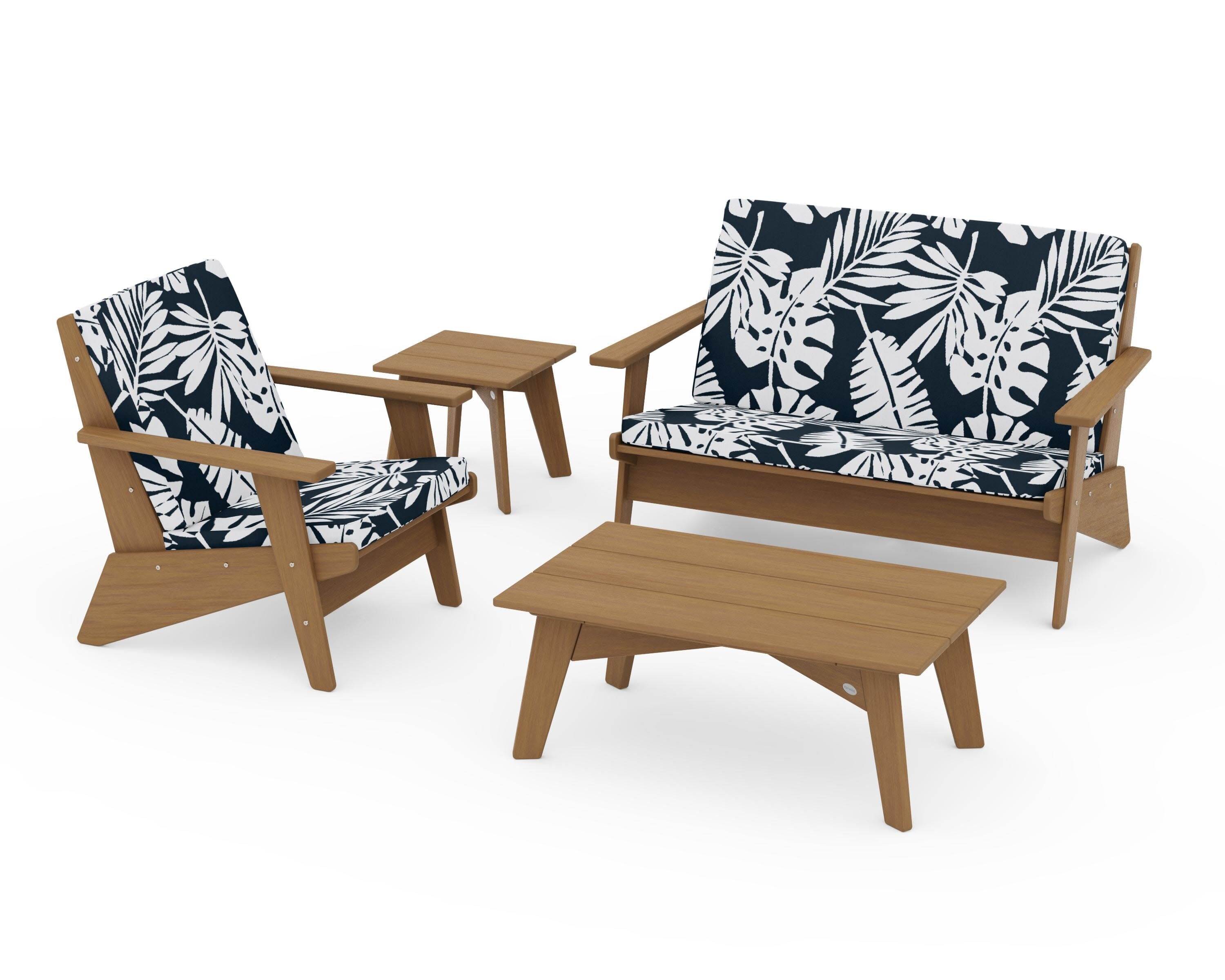 Riviera Modern Lounge 4-Piece Set in Natural / Leaf Marine Indigo