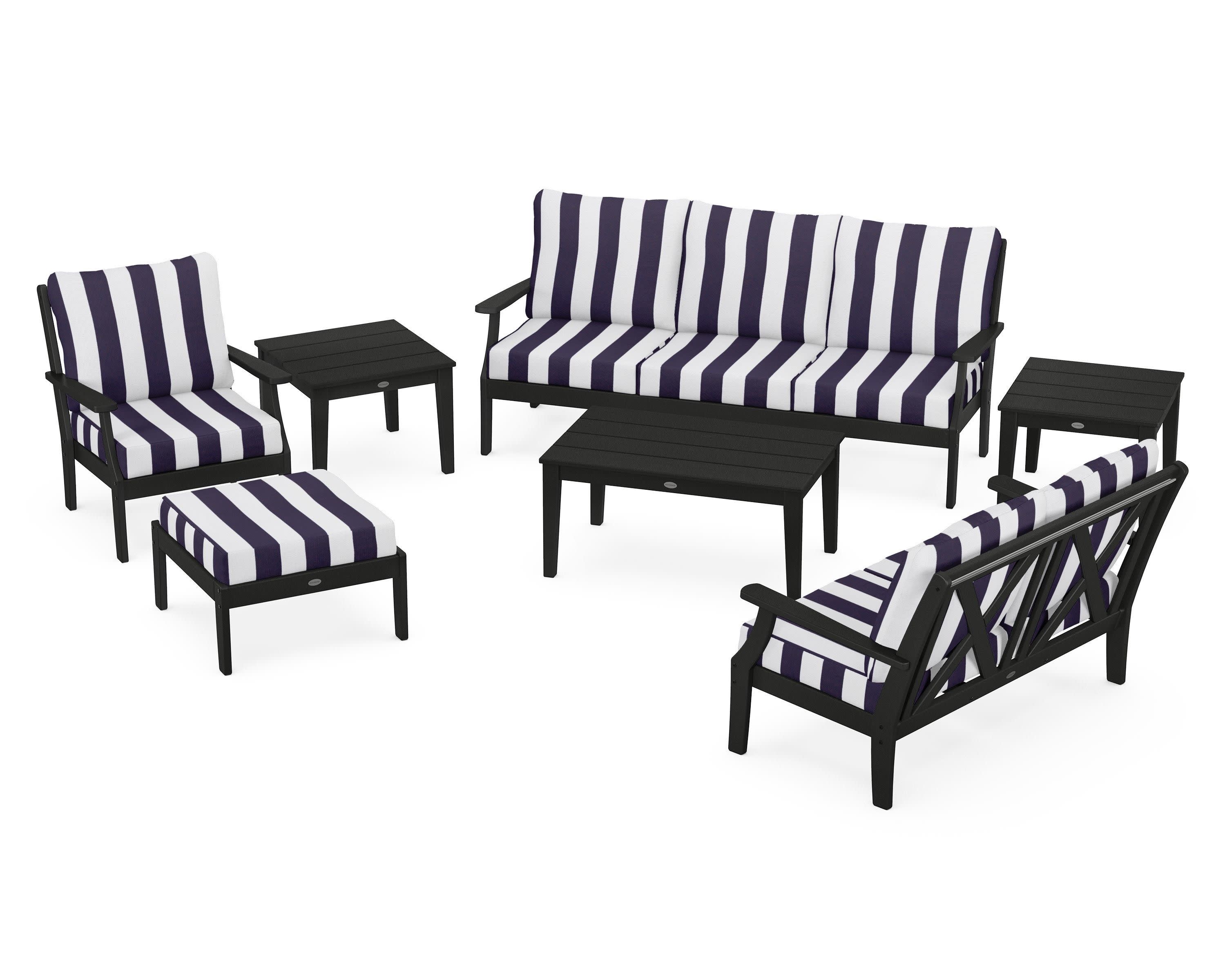 Braxton 7-Piece Deep Seating Set in Black / Cabana Stripe Navy