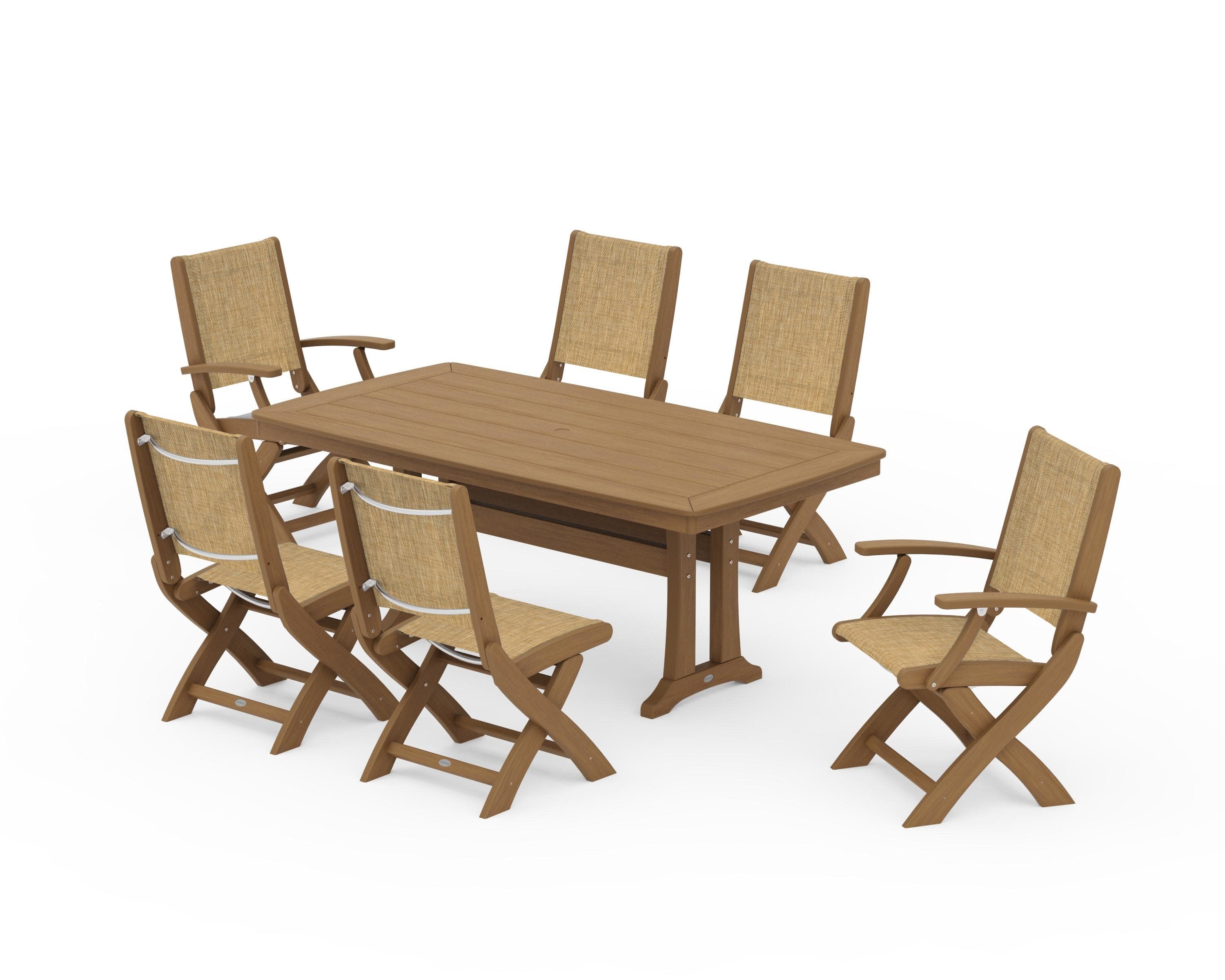 Coastal Folding Chair 7-Piece Dining Set with Trestle Legs in Natural / Burlap Sling