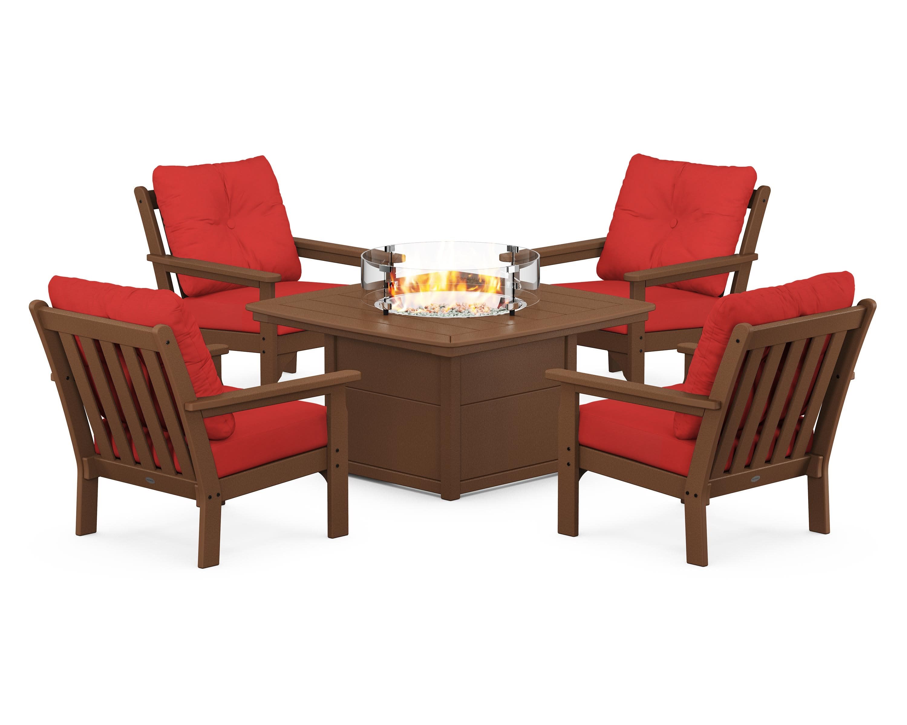 Vineyard 5-Piece Conversation Set with Fire Pit Table in Teak / Crimson Linen
