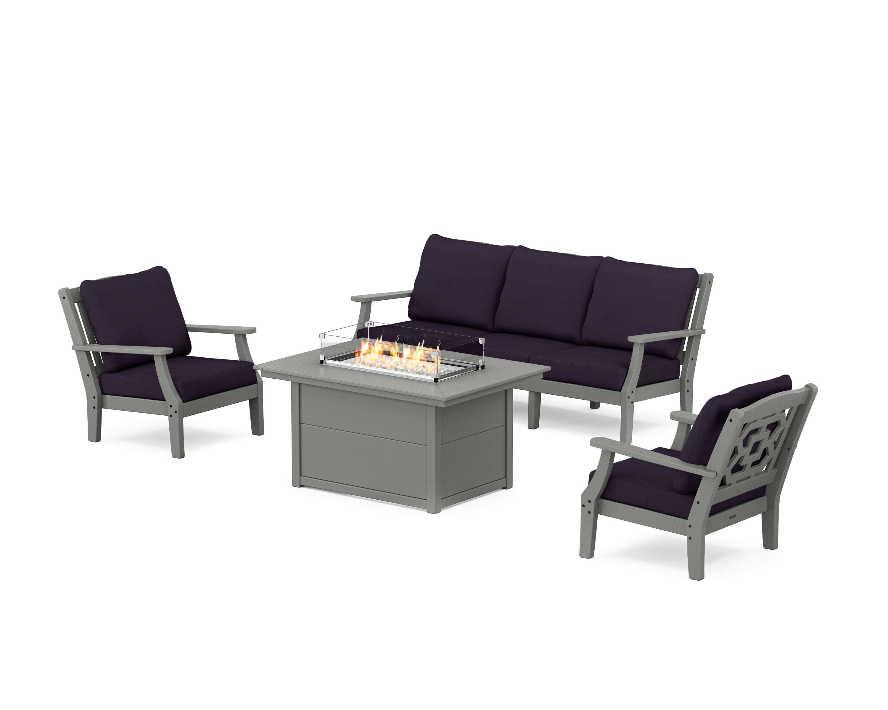 Chinoiserie Deep Seating Fire Pit Table Set in Slate Grey / Navy Linen