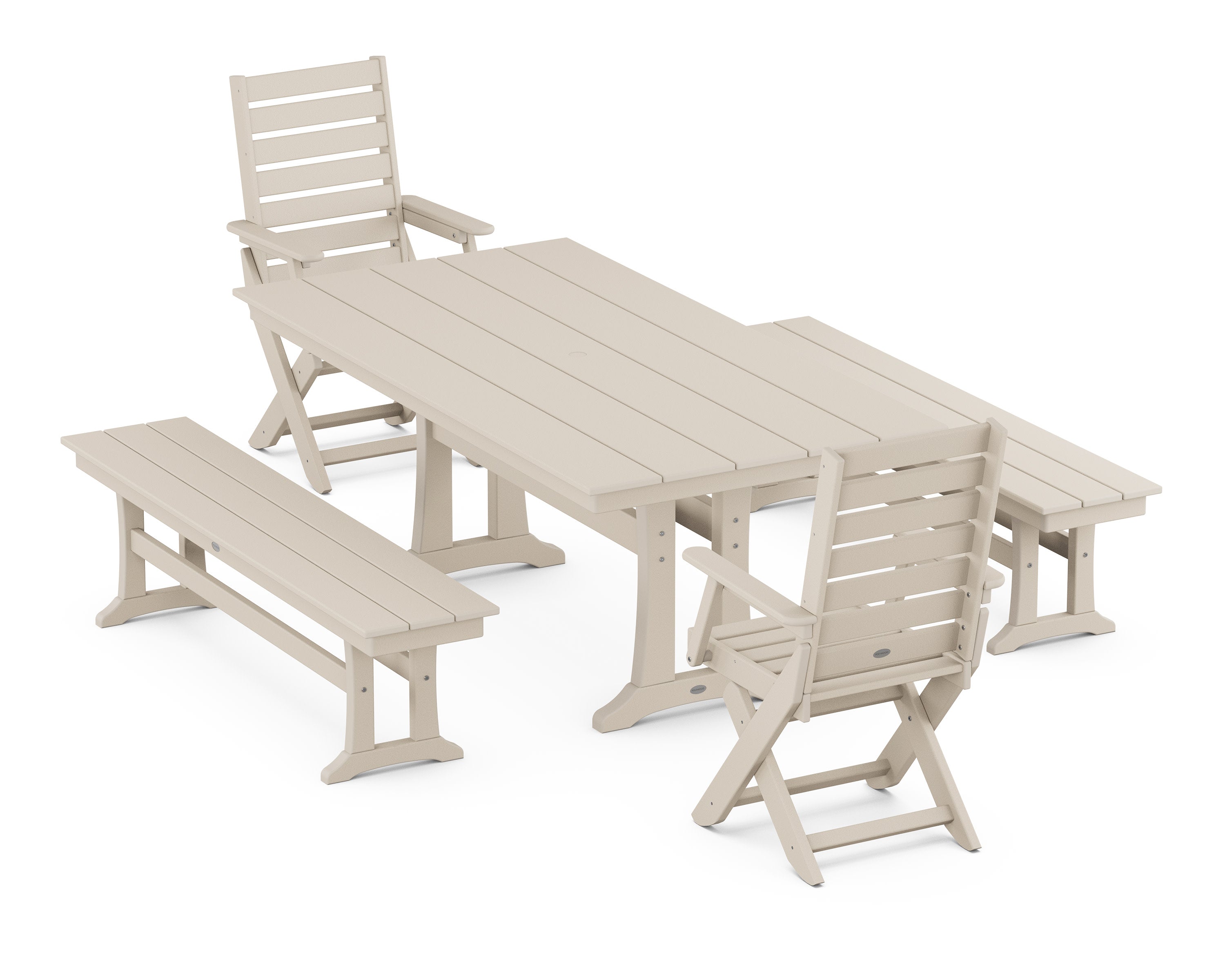Captain Folding Chair 5-Piece Farmhouse Dining Set With Trestle Legs in Sand
