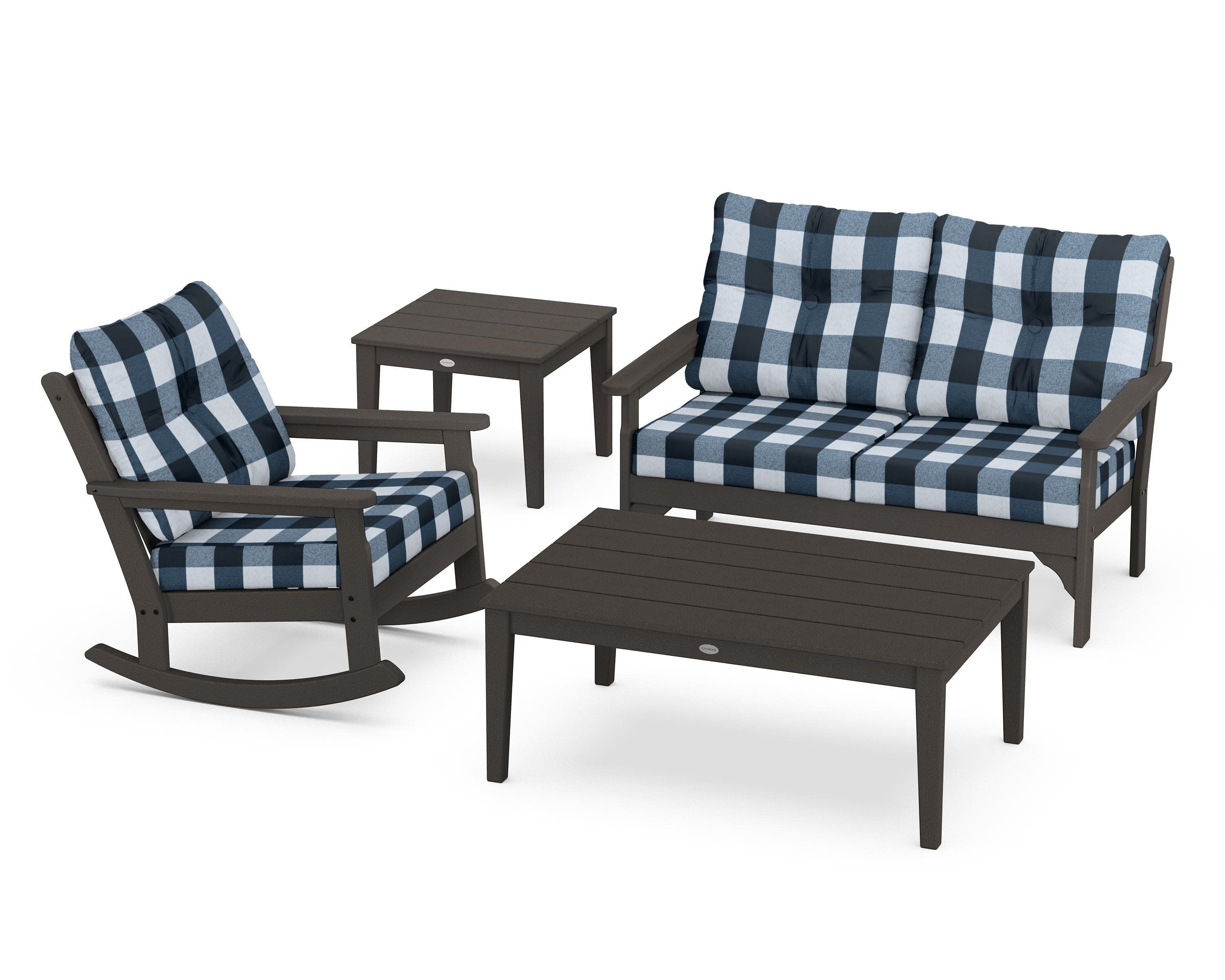 Vineyard 4-Piece Deep Seating Rocker Set in Vintage Coffee / Buffalo Plaid Marine Indigo