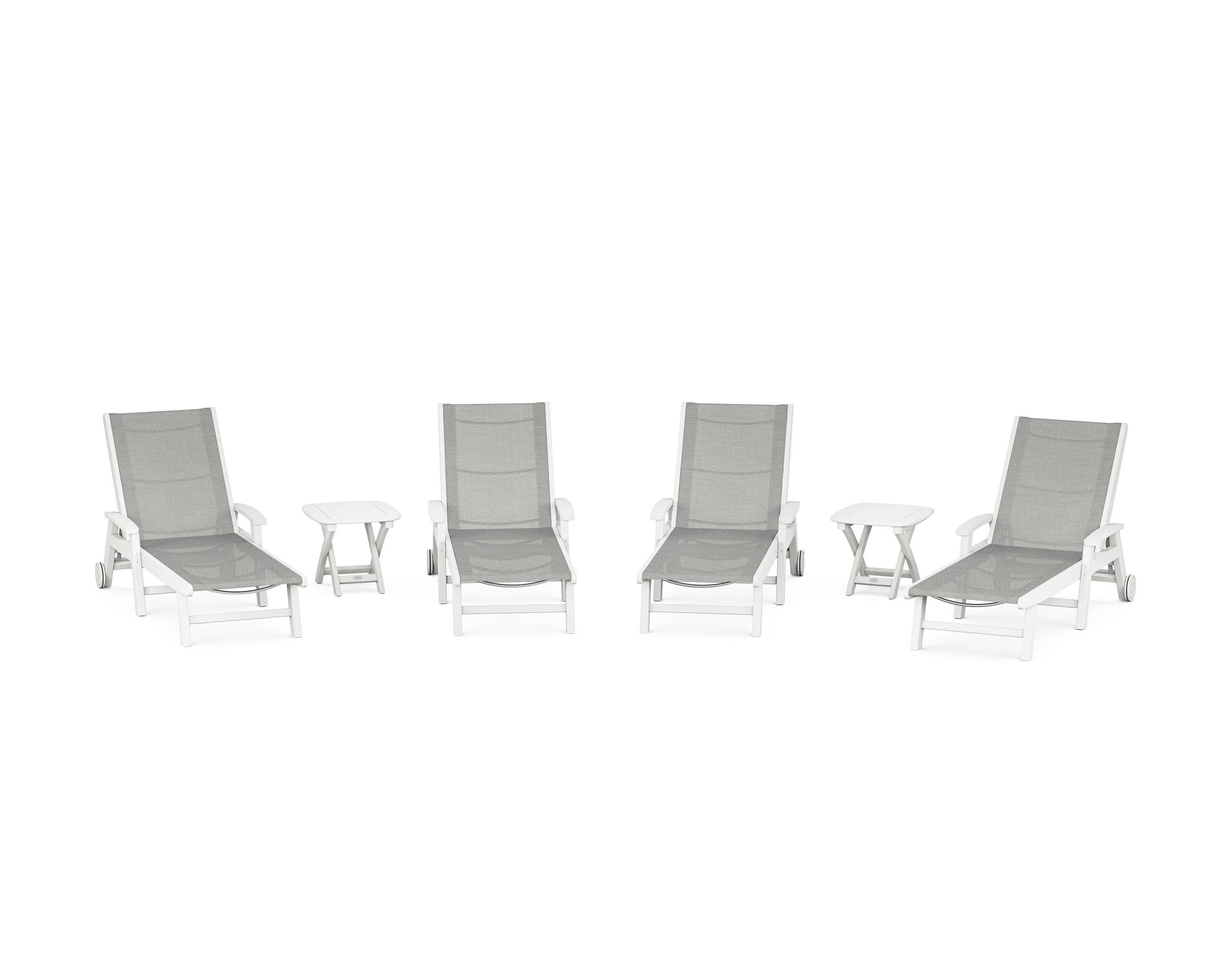 Coastal Chaise 6-Piece Set with Wheels in White / Metallic Sling
