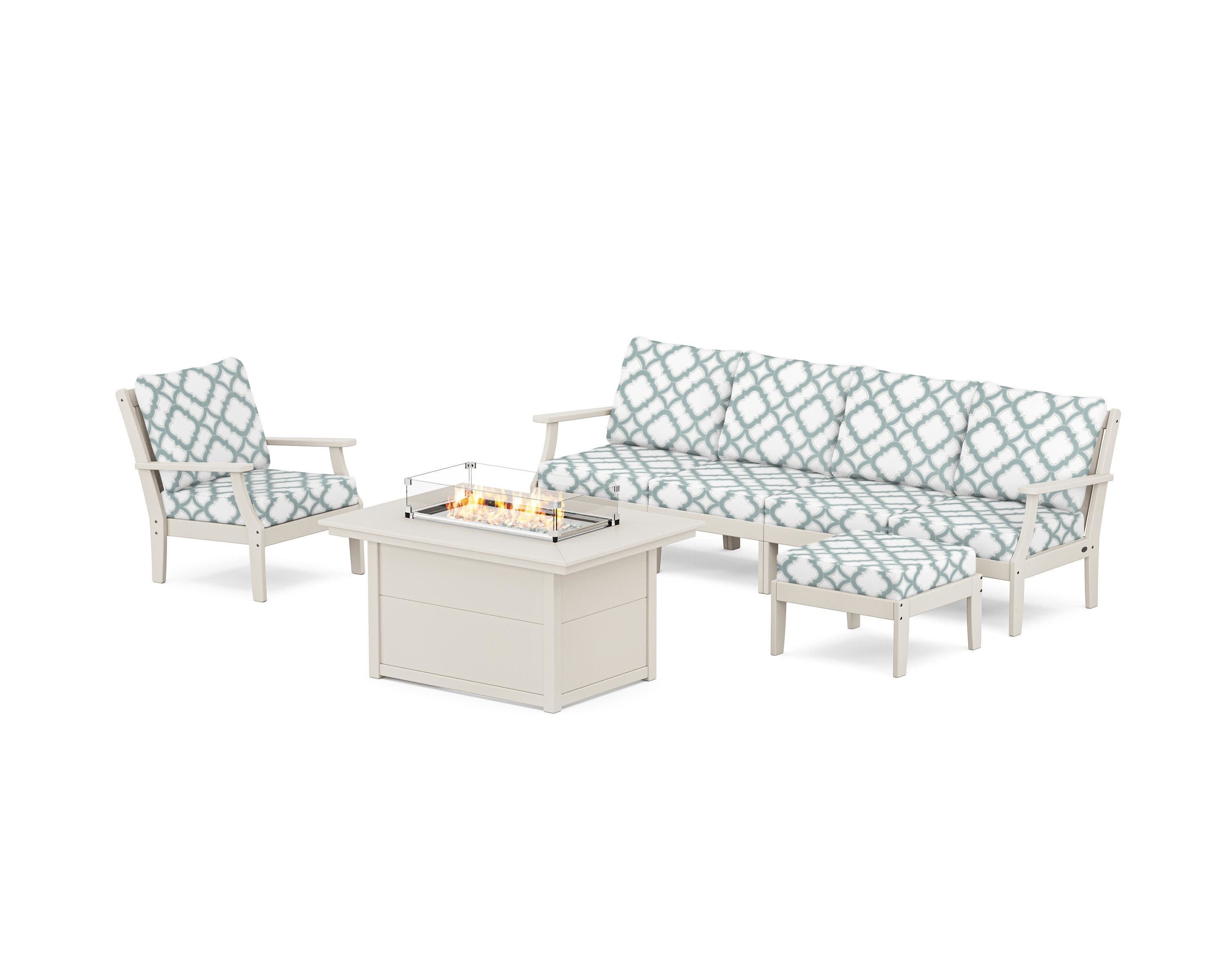 Braxton Sectional Lounge and Fire Pit Set in Sand / Trellis Glacier Spa